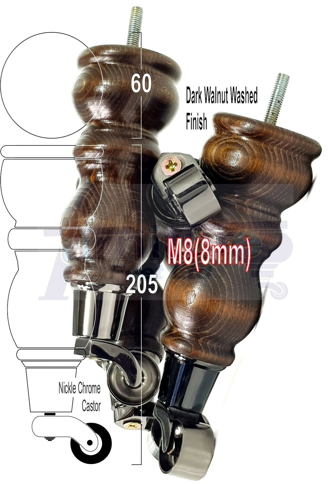 4x Furniture Feet With Castor 205mm High Legs Walnut Wood Finish M8 Sofas Chairs Stools Cabinets 8 Inches Tall