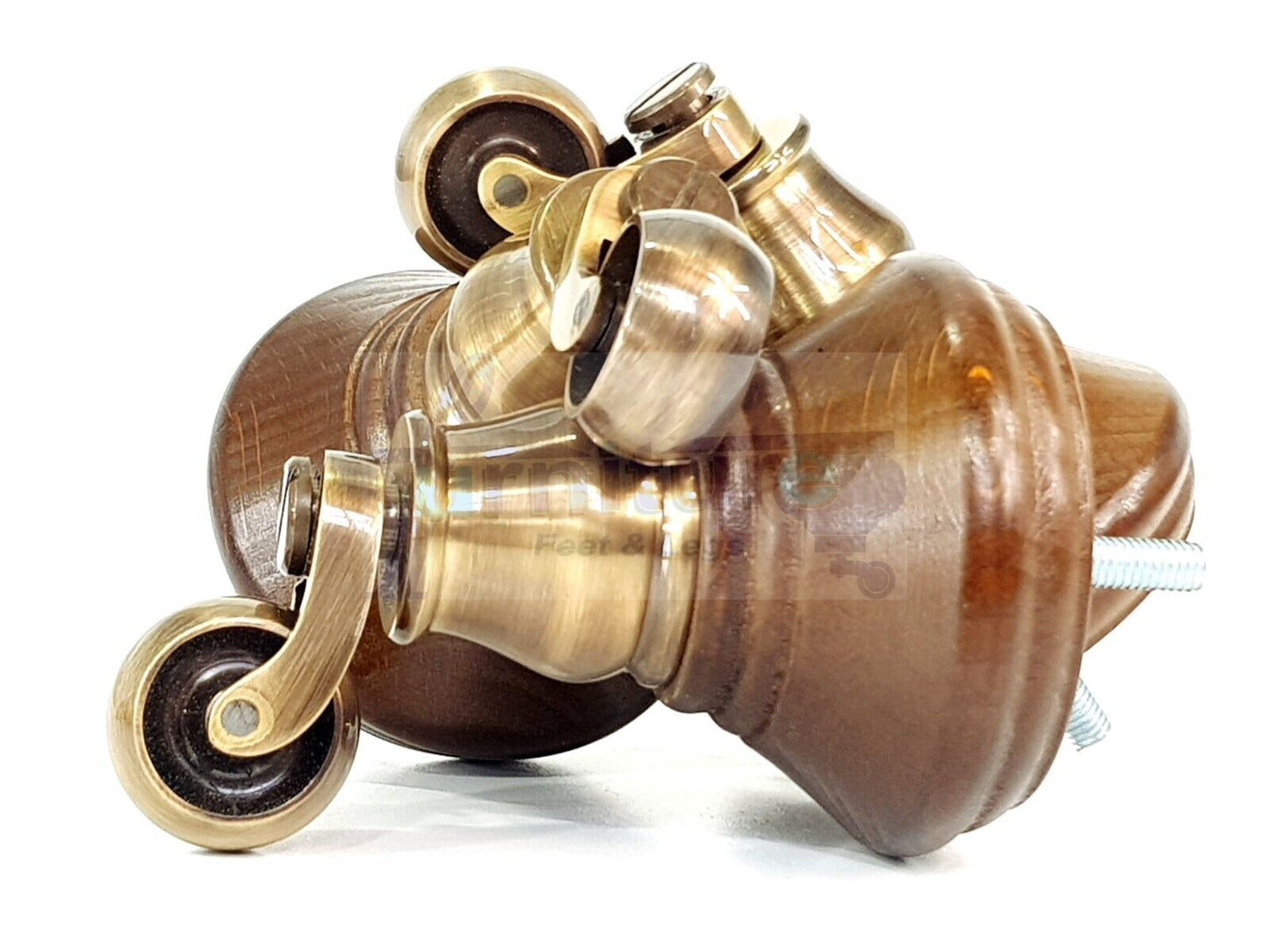 4x Antique Brown Wooden Furniture Sofa Legs M8 With Castors Replacment Chair Settee Feet 115mm - 125mm High