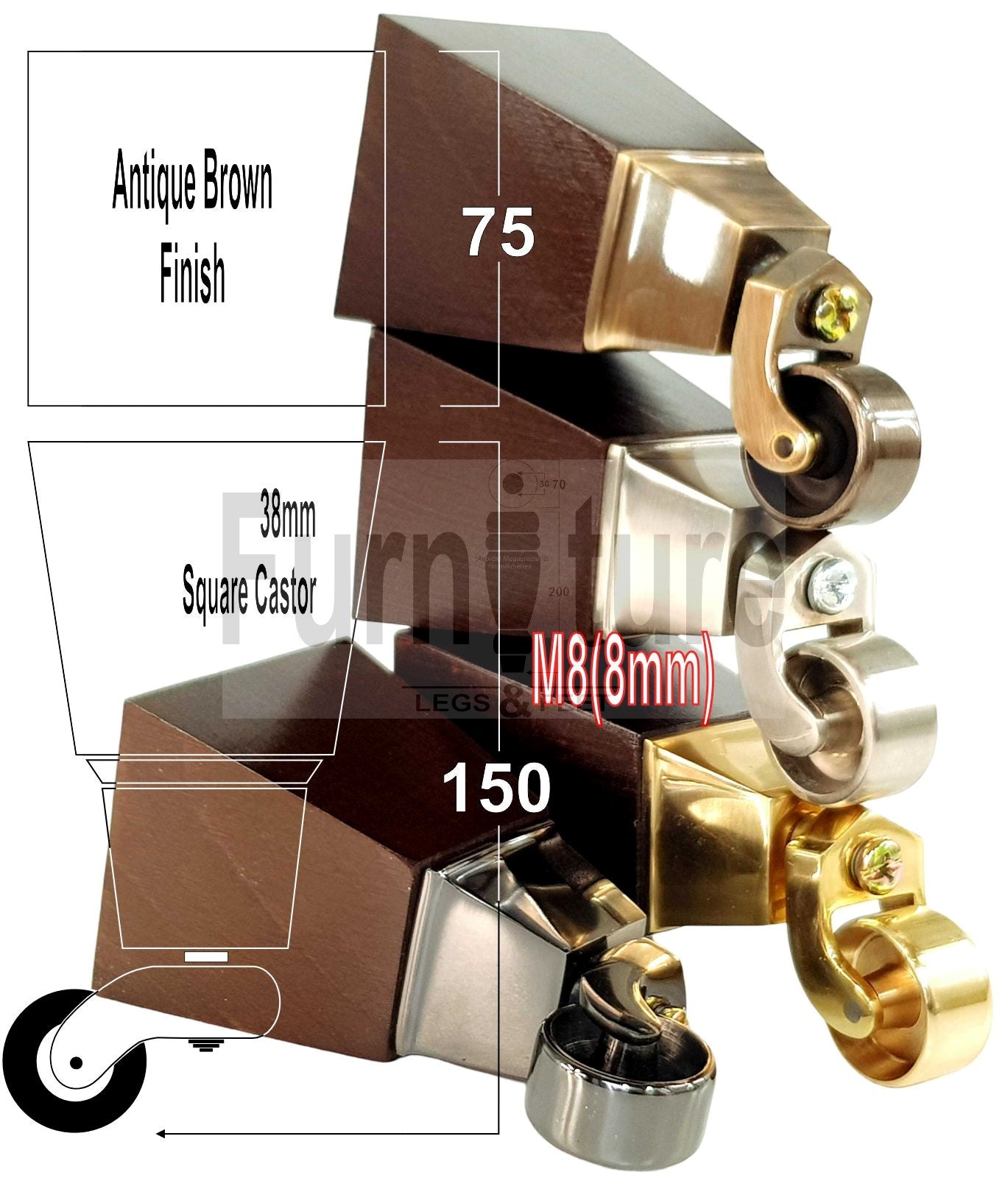 4x Block Wood Furniture Legs With Castor 8mm Thread For Chairs Settees Sofa 150mm High