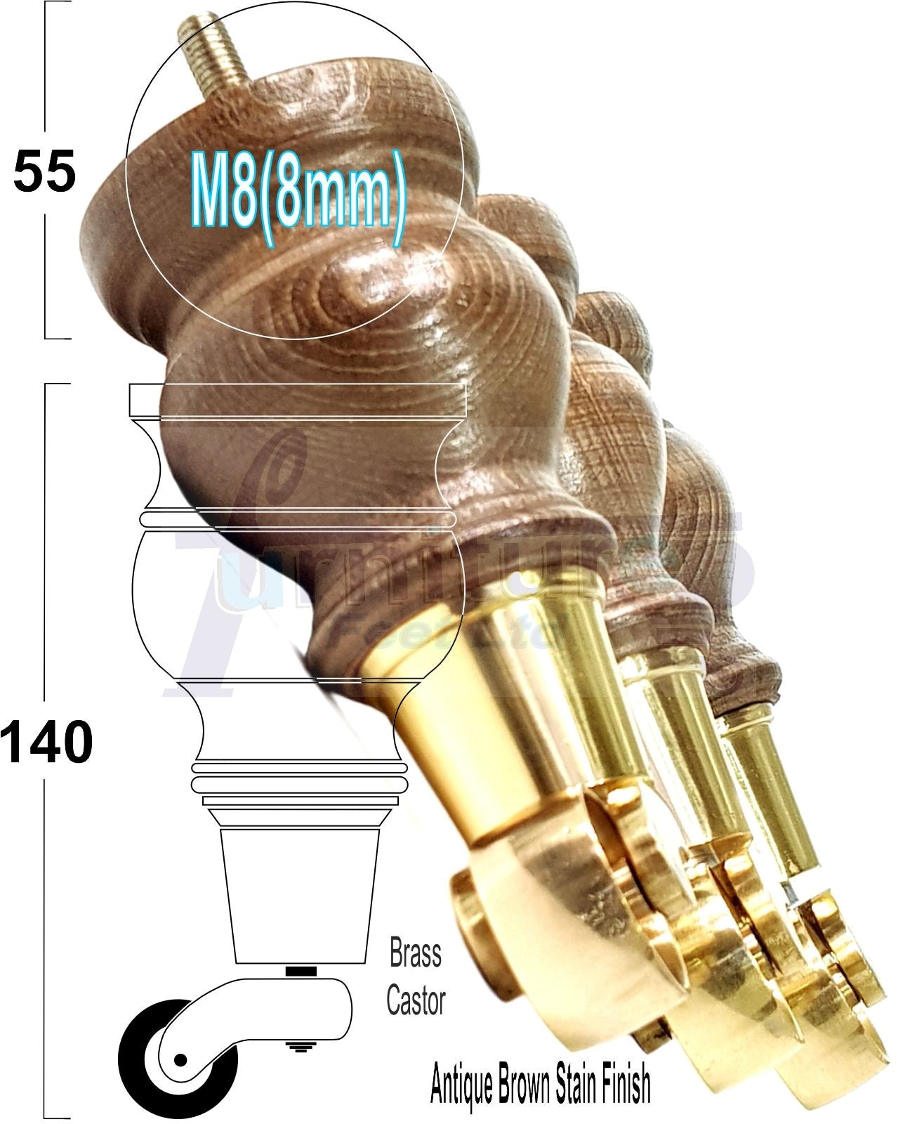 Set Of 4 Turned Wood Furniture Legs With 150mm High Castor 8mm Thread For Chairs Settees & Cabinets Antique Brown Stain