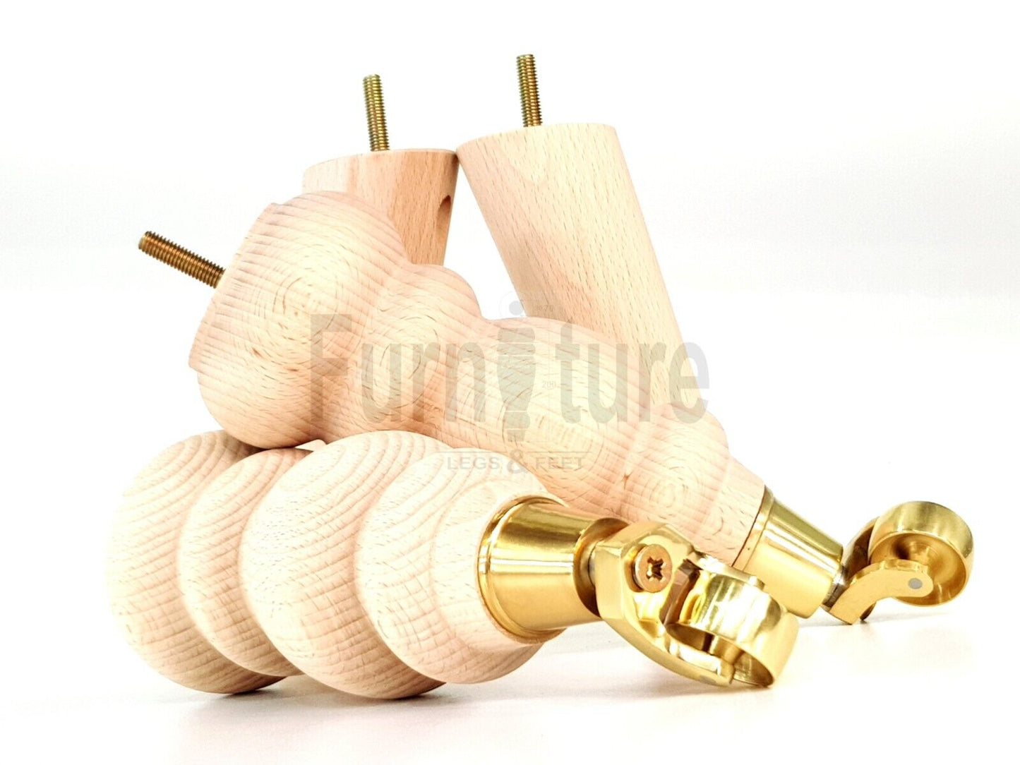 2x Furniture Brass Castor Legs & 2x Angled Solid Wooden Feet M8 Chairs Sofa 250mm High