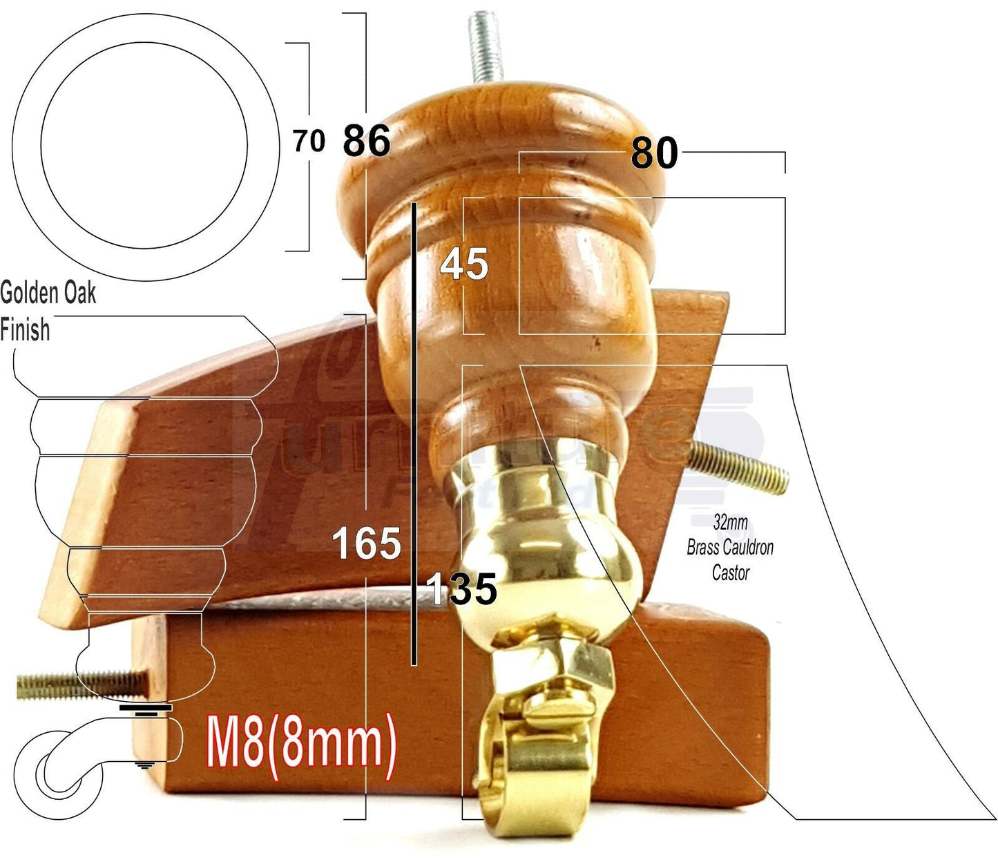  Golden Oak Turned Wood Furniture Feet 2 With Castors 155mm and 2 Curved Back Legs Sofas Chairs Stools Cabinets Beds M8 6 Inches