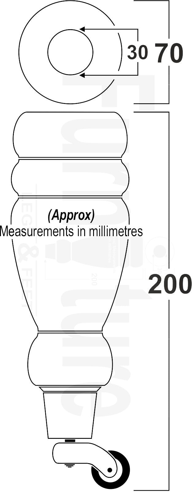 Set Of 4 Wooden Turned Replacement Furniture Legs 200mm High With Antique Brass Castor Wheels 8mm Thread