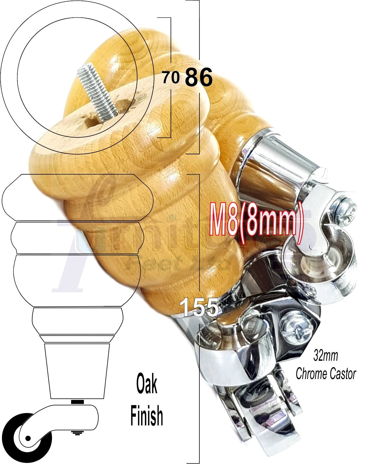 4 Turned Wood Furniture Feet With Chrome Castors 155mm Legs Sofas Chairs Stools Cabinets Beds M8 6 Inches