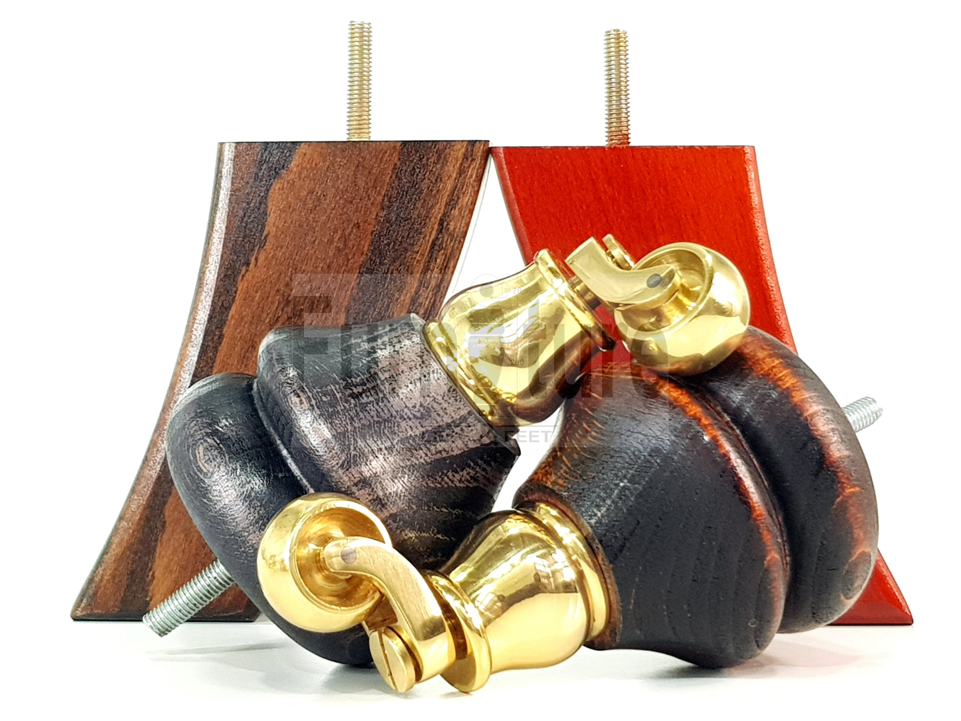 Turned Wood Furniture Feet 2 With Brass Castors 140mm & 2 Curved Back Legs Sofas Cabinets Beds 8mm Thread