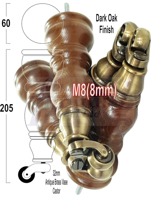 4x Solid Wood Antique Brass Castor Furniture Chair Legs M8 Settee, Sofa Feet 205mm High