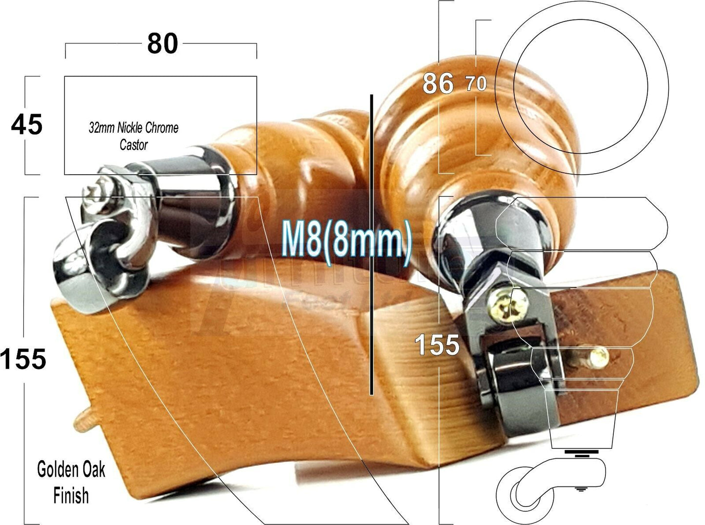 Turned Wood Furniture Feet Golden Oak 2 With Castors 155mm and 2 Curved Back Legs Sofas Chairs Stools Cabinets Beds M8 6 Inches