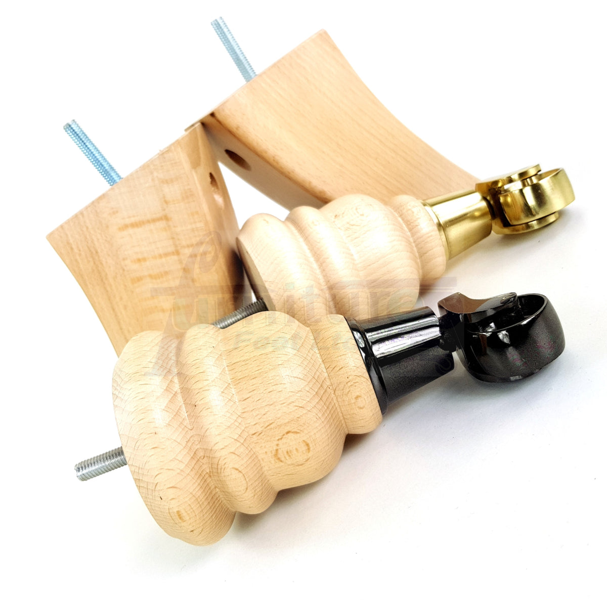 Turned Clear Wood Furniture Legs Replacement Feet 2 with Castors 155mm and 2 Curved Back Legs M8 6 Inches