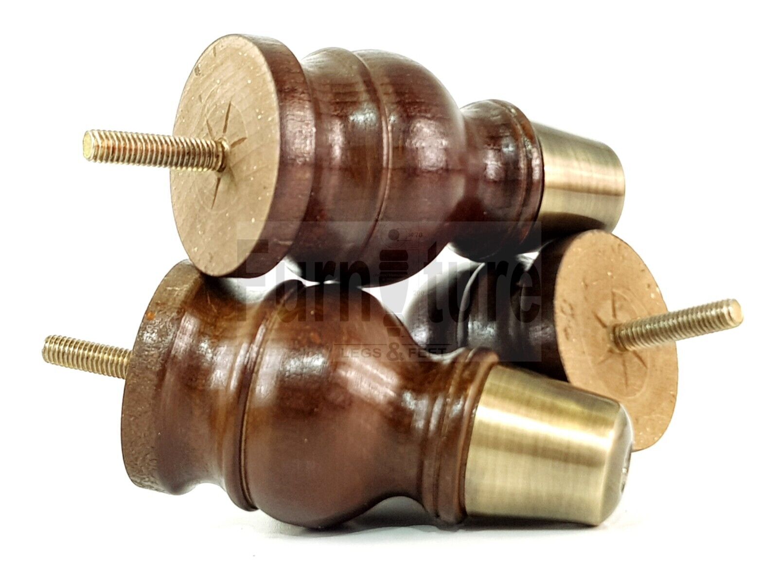 4x Turned Wooden Furniture Leg Antique Brass Slipper Cup Sofa, Chair Feet 110mm High M8