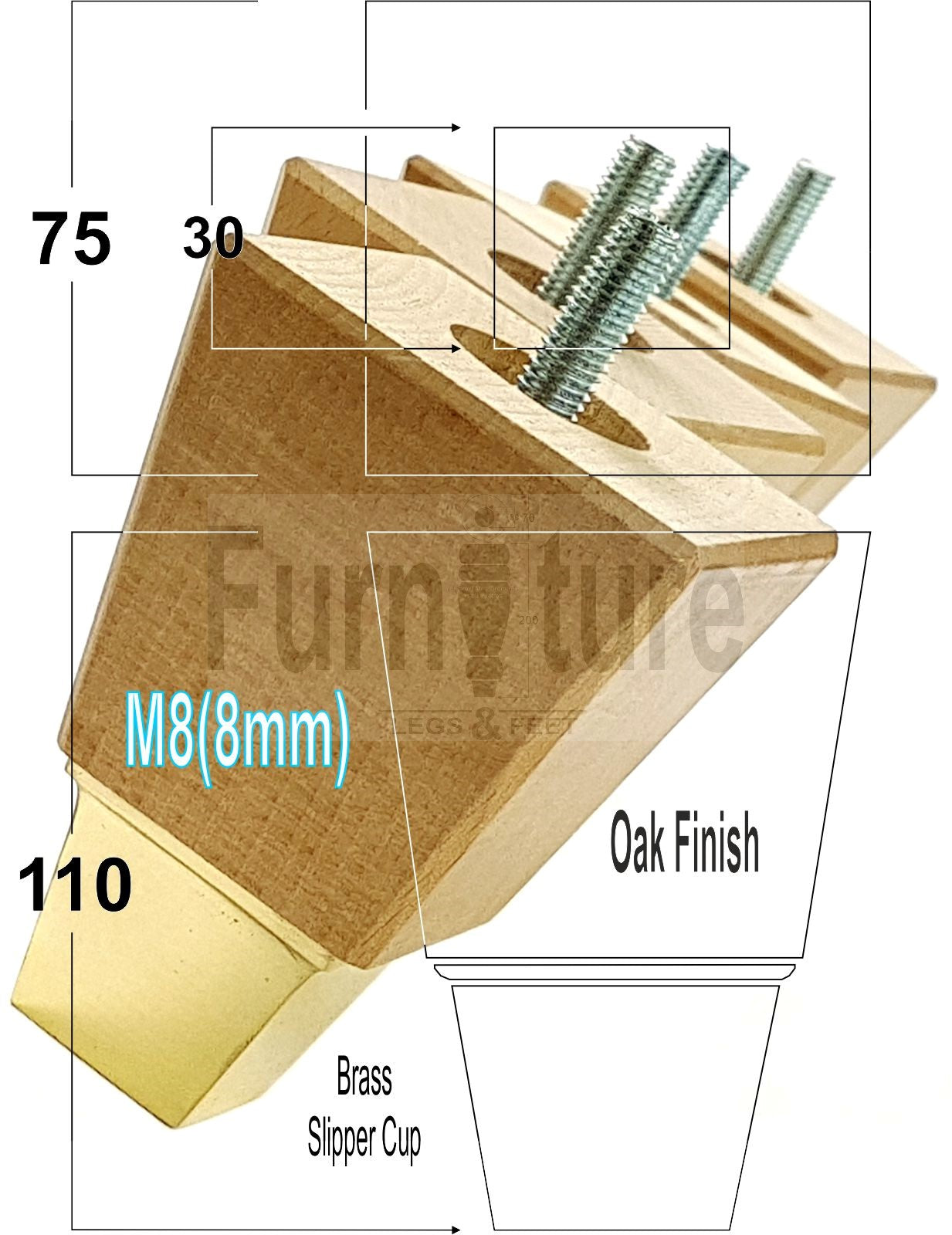 4x Block Wood With A Brass Slipper Cup Furniture Chair Settee Legs M8 Sofa Feet 110mm