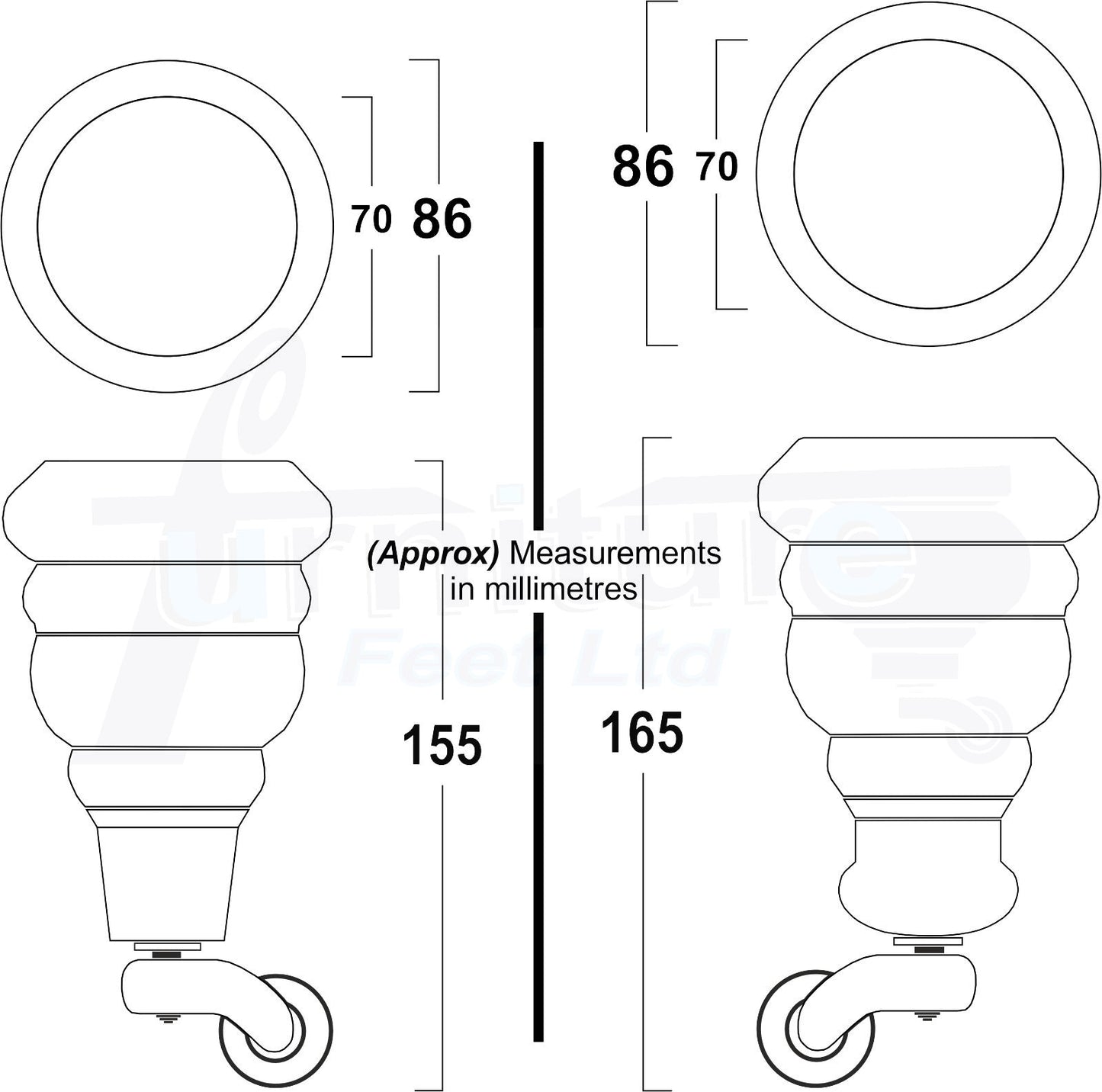 4 Turned Wood Furniture Feet With Black Chrome Castors 155mm Legs Sofas Chairs Stools Cabinets Beds M8 6 Inches