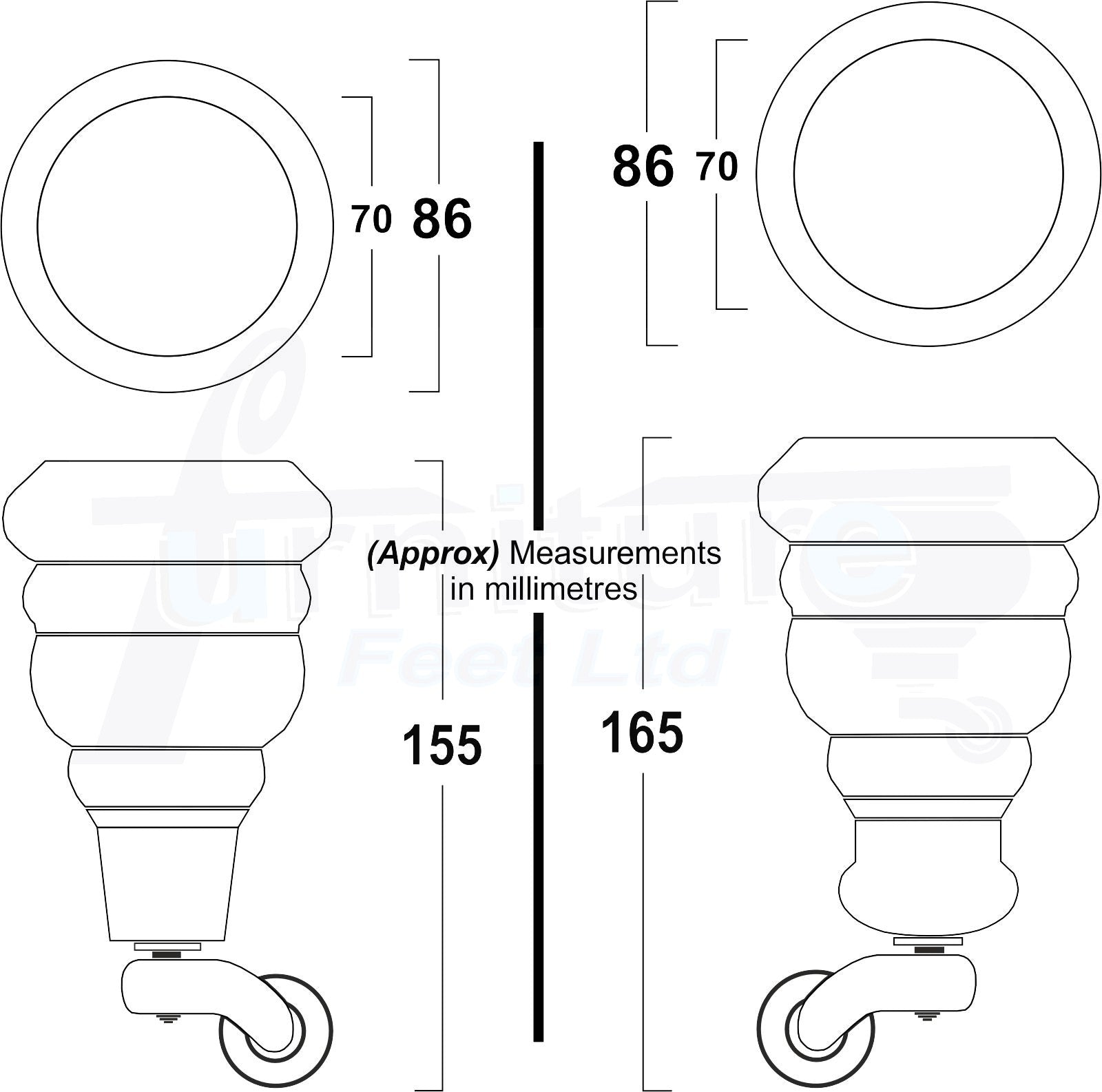 4 Turned Wood Furniture Feet With Black Chrome Castors 155mm Legs Sofas Chairs Stools Cabinets Beds M8 6 Inches