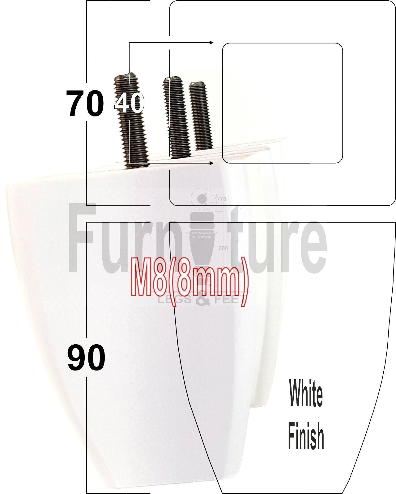 Set Of 4 Solid Wooden Block Furniture Feet Replacement Legs 90mm High M8(8mm)