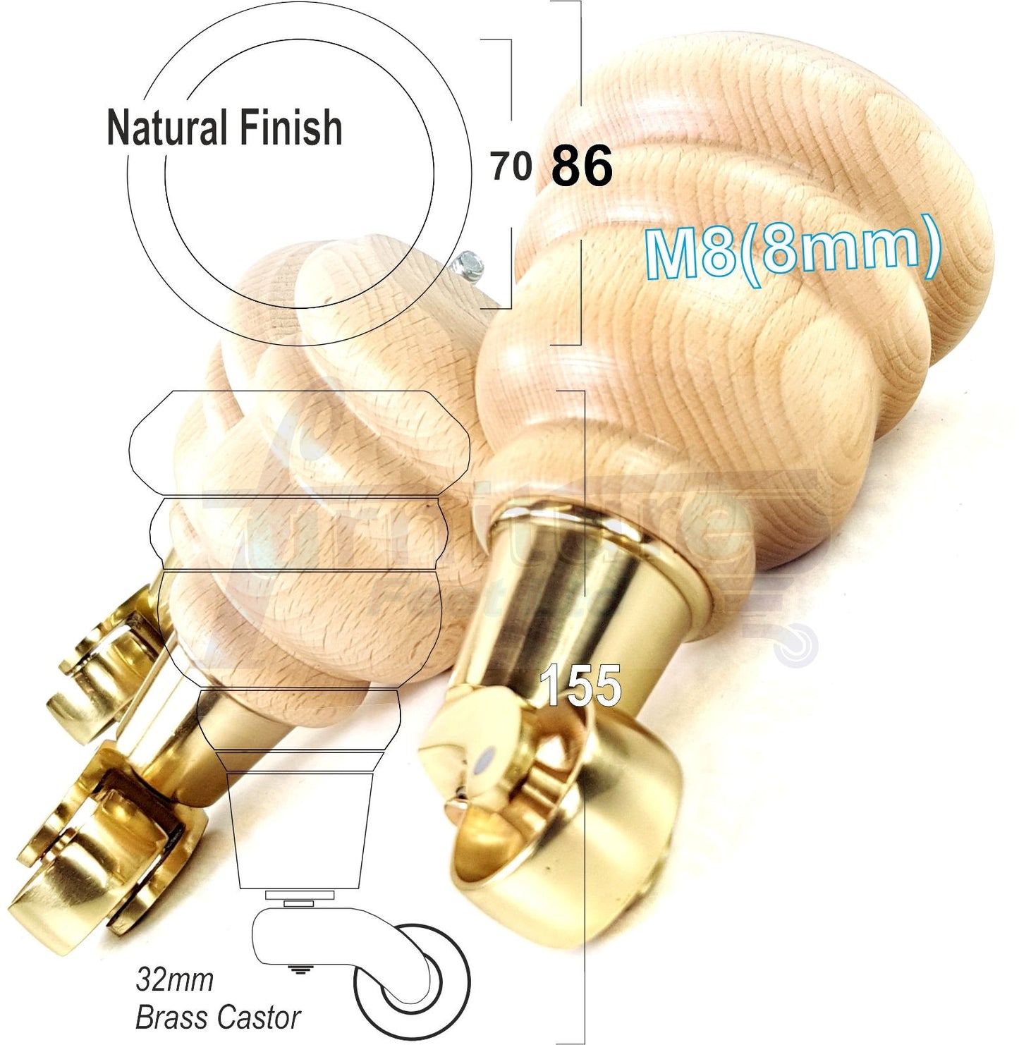 4 Turned Wood Furniture Feet With Brass Castors 155mm Legs Sofas Chairs Stools Cabinets Beds M8 6 Inches