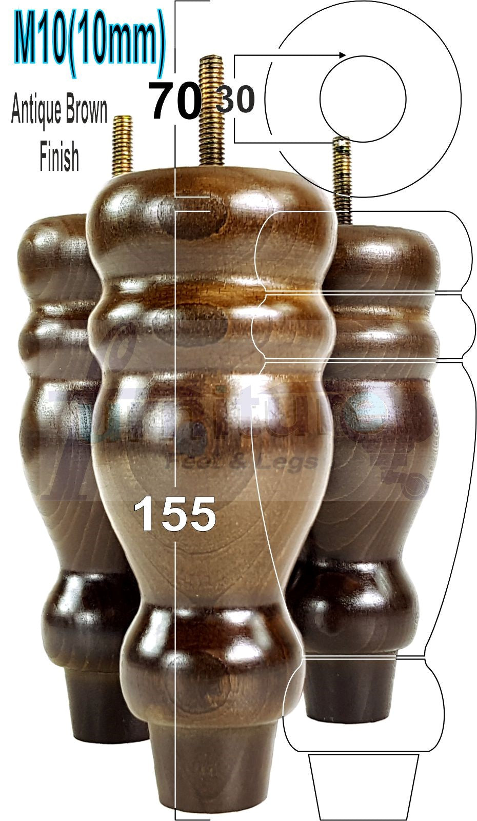 Set Of 4 Turned Wood Furniture Legs Replacement Sofa, Chair Feet 155mm High M10 Tread