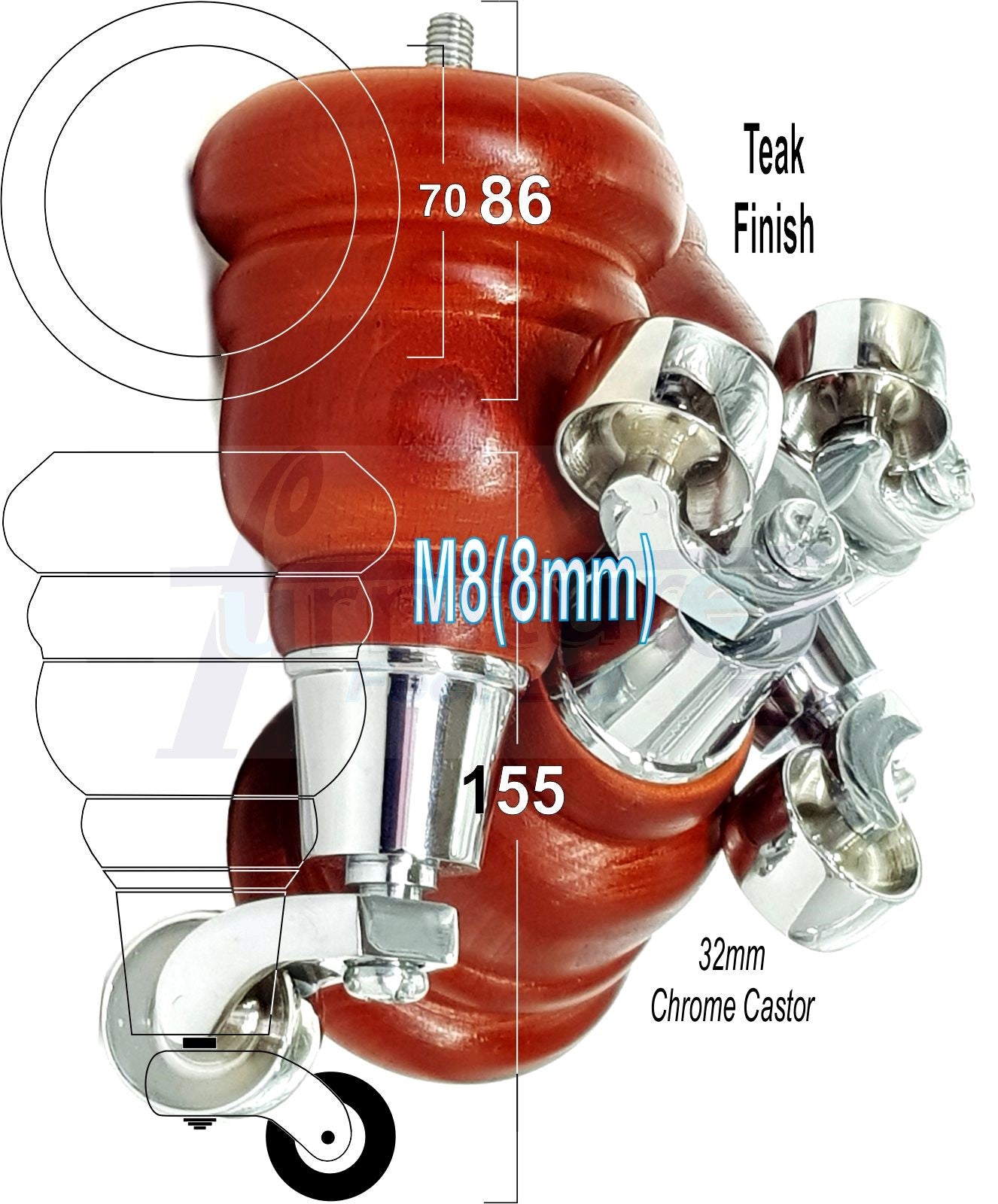 4 Turned Wood Furniture Feet With Chrome Castors 155mm Legs Sofas Chairs Stools Cabinets Beds M8 6 Inches