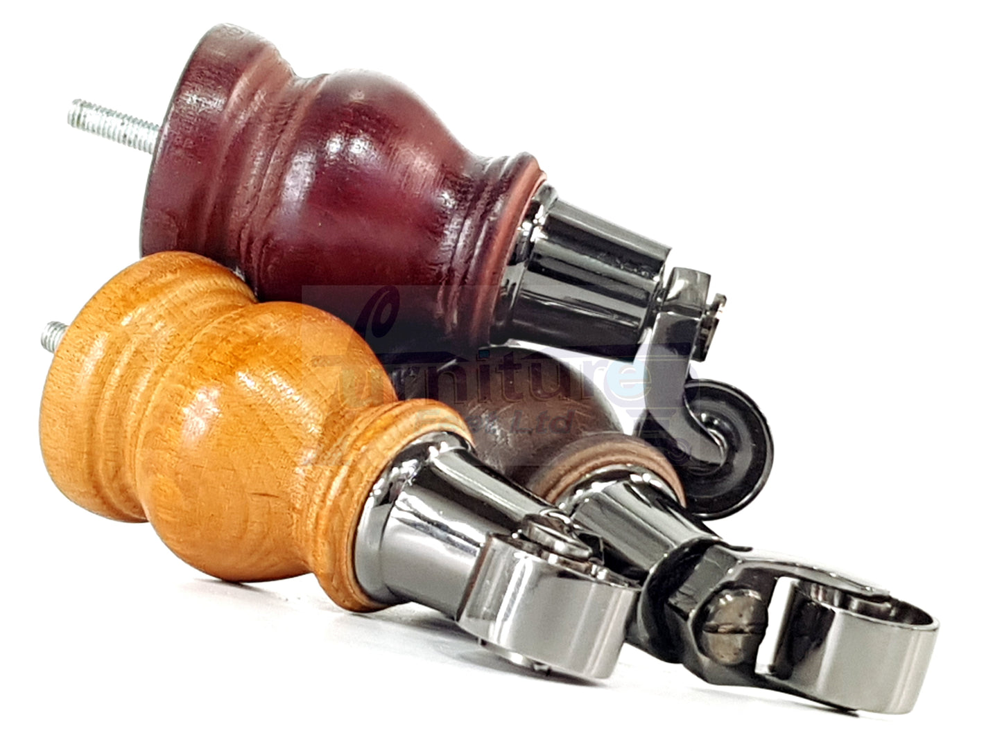 Set Of 4 Turned Wood Furniture Legs With Black Castor Wheels 140mm High M8(8mm)