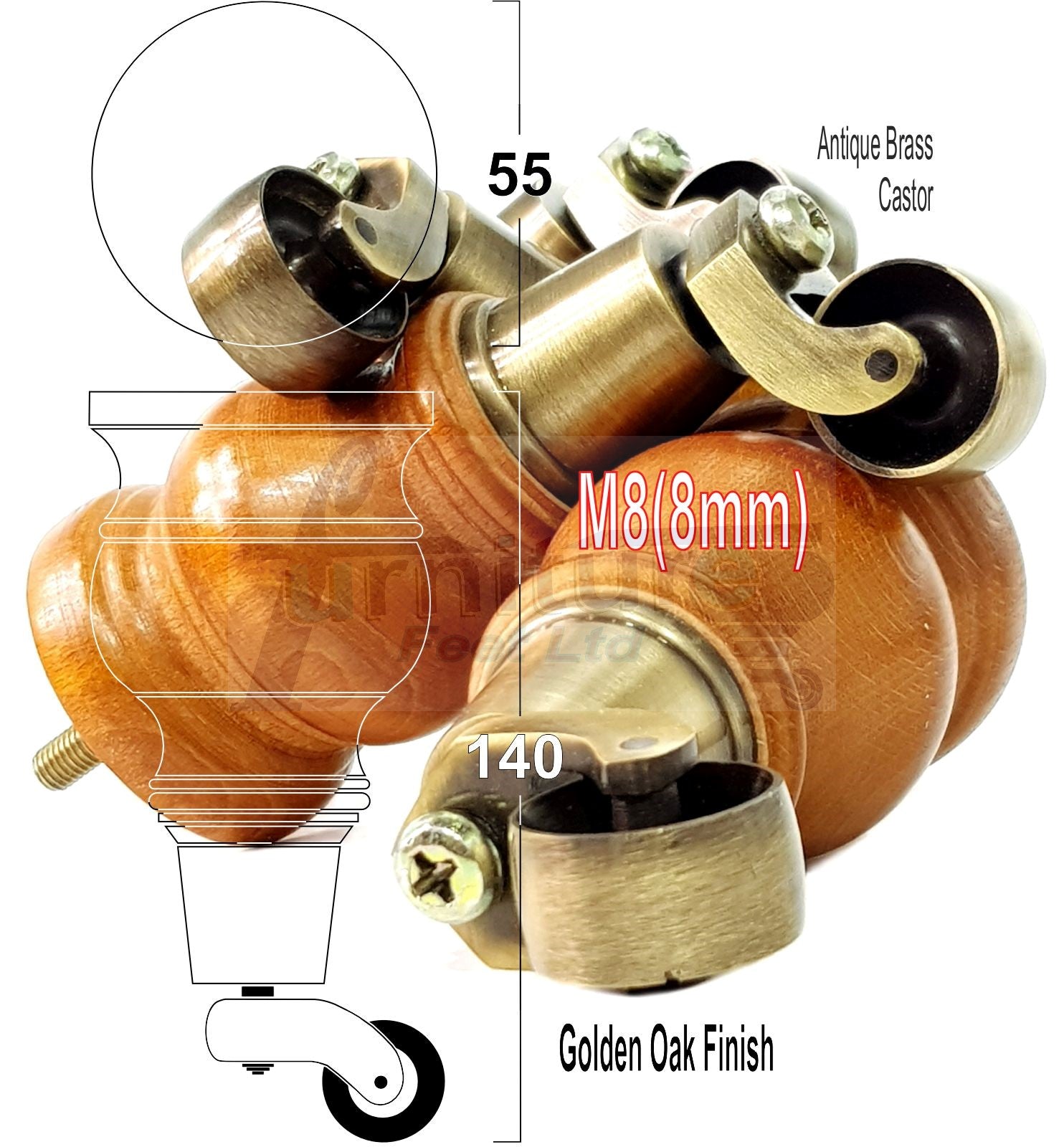 Set Of 4 Turned Wood Furniture Legs With 150mm High Castor 8mm Thread For Chairs Settees & Cabinets Golden Oak Finish