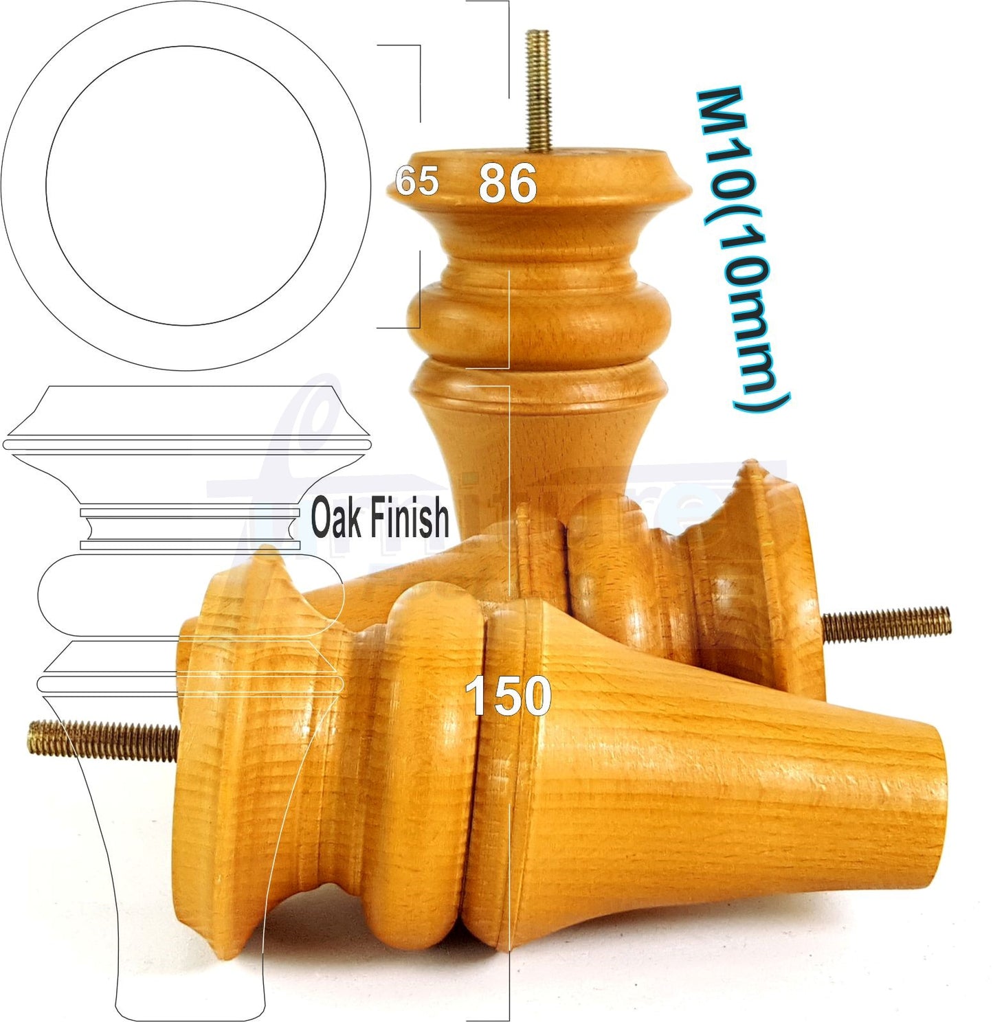 4 Turned Furniture Legs 150mm High Replacement Feet M10 Thread For Settees Chairs Sofas