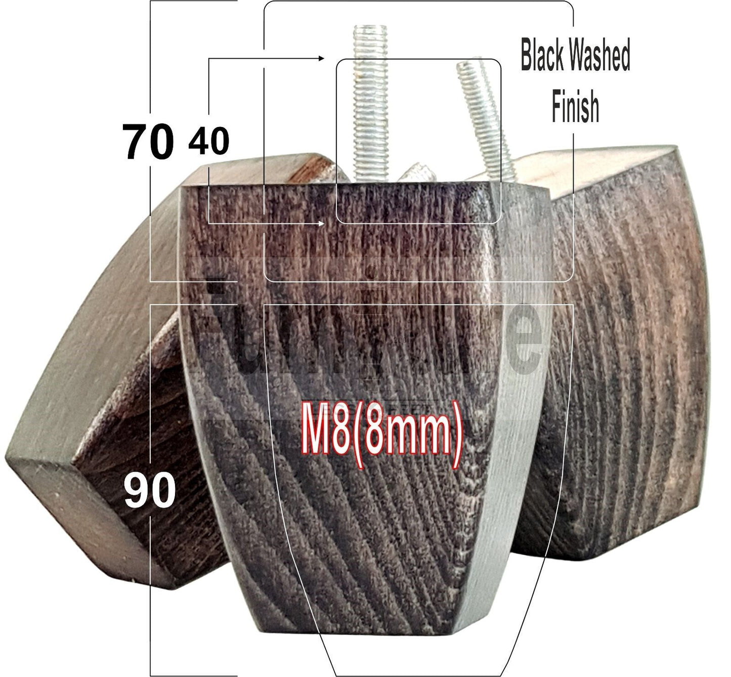 Set Of 4 Solid Wooden Block Furniture Feet Replacement Legs 90mm High M8(8mm)