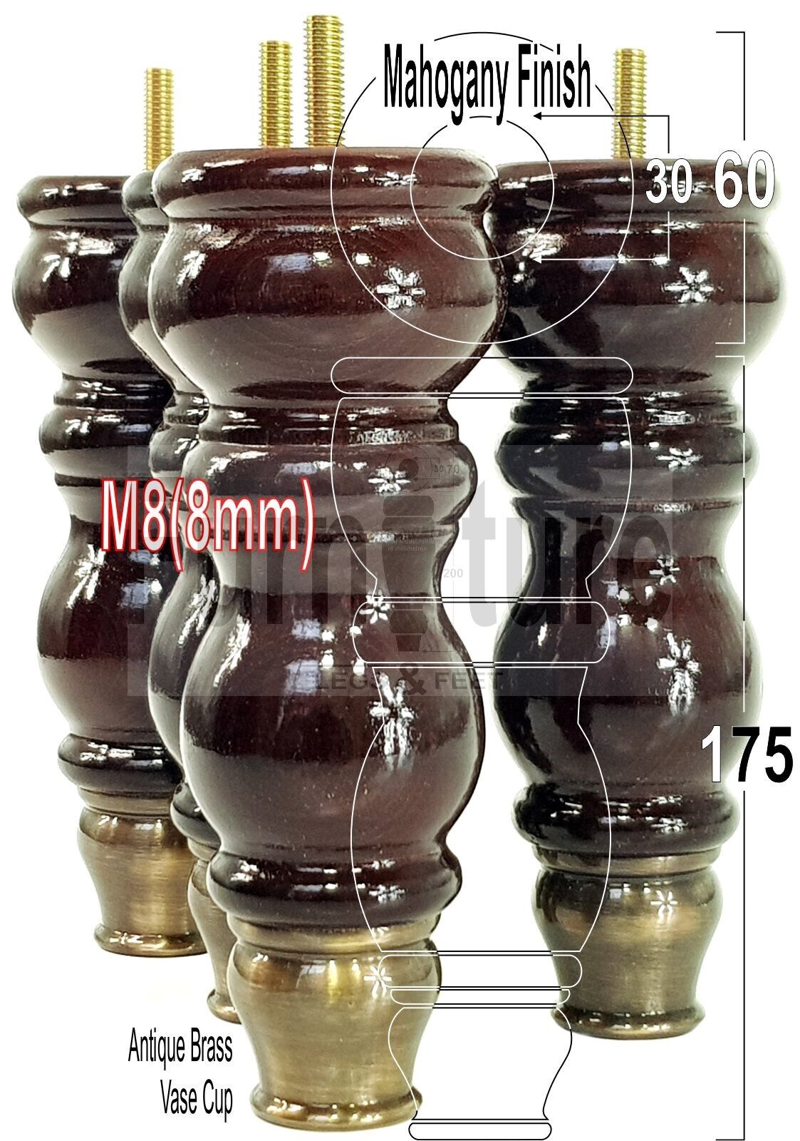 4x Furniture Feet With Slipper Cup 175mm High Legs Mahogany Finish Wood M8 Sofas Chairs Cabinets