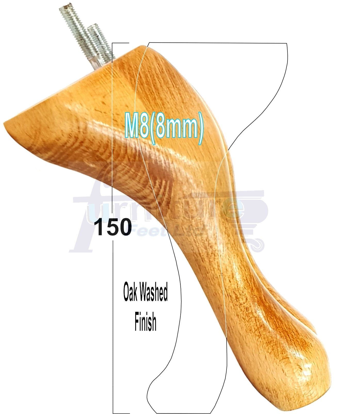 4 Solid Wood Furniture Feet 150mm High Queen Anne Replacement Legs M8 (8mm) 6 Inches Chair Stools Bed Sofa Georgian Style