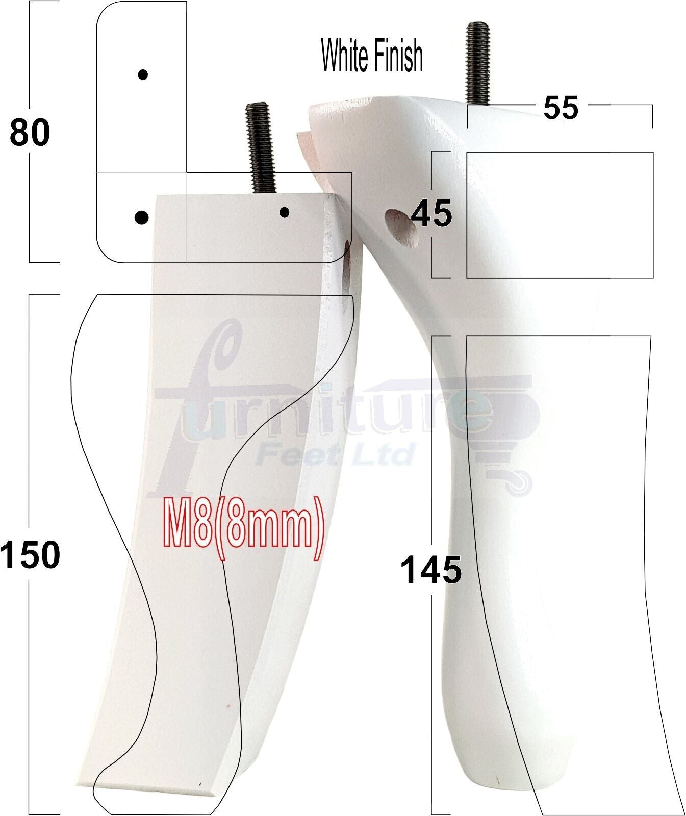 2x Vintage Queen Anne Replacement Furniture Legs & 2x Curved Back Feet 150mm 6 Inch High 8mm Thread