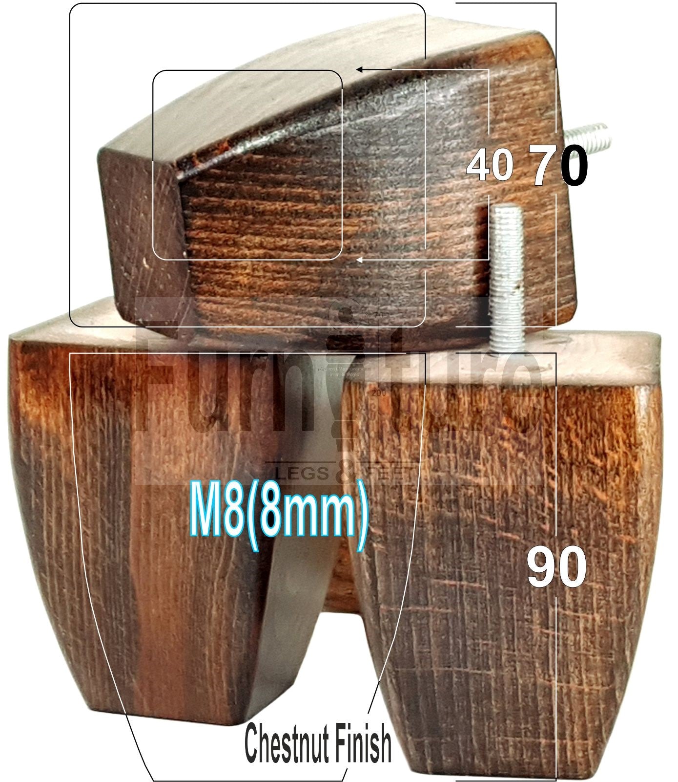 Set Of 4 Solid Wooden Block Furniture Feet Replacement Legs 90mm High M8(8mm)