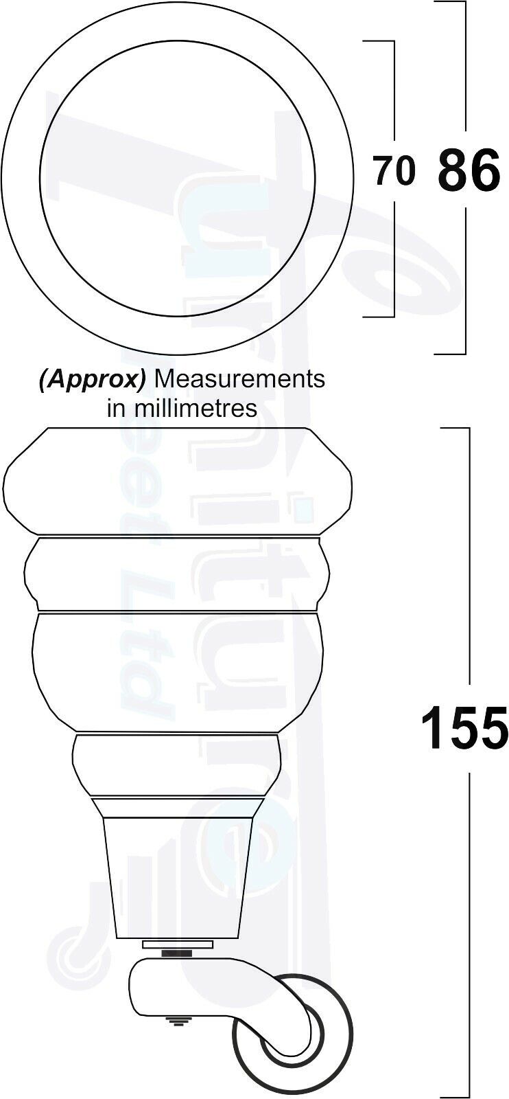 Turned Natural Wood Furniture Feet 2 With Castors 155mm and 2 Curved Back Legs Sofas Chairs Stools Cabinets Beds M8 6 Inches