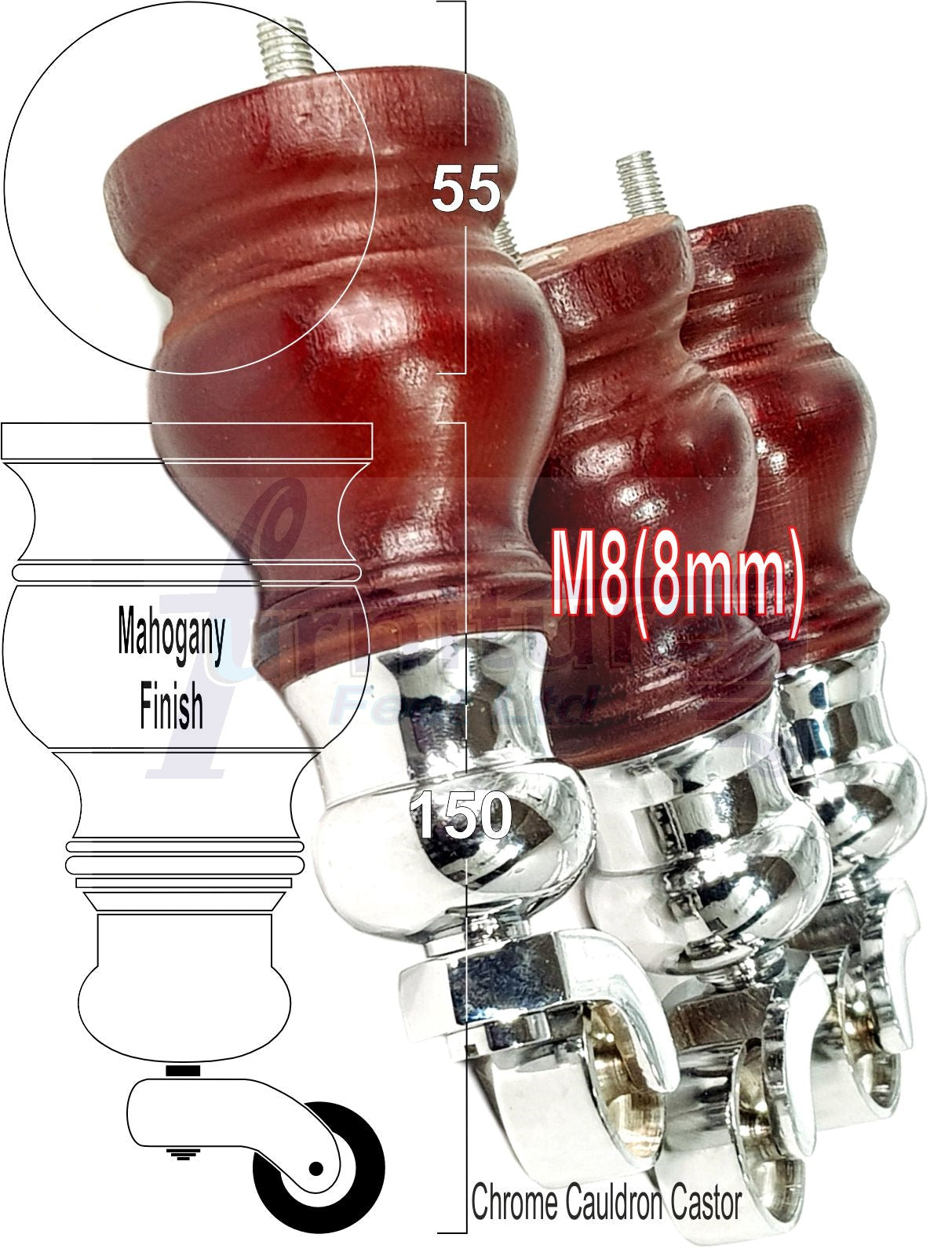 Set Of 4 Turned Wood Furniture Legs With140mm High Castor 8mm Thread For Chairs Settees & Cabinets