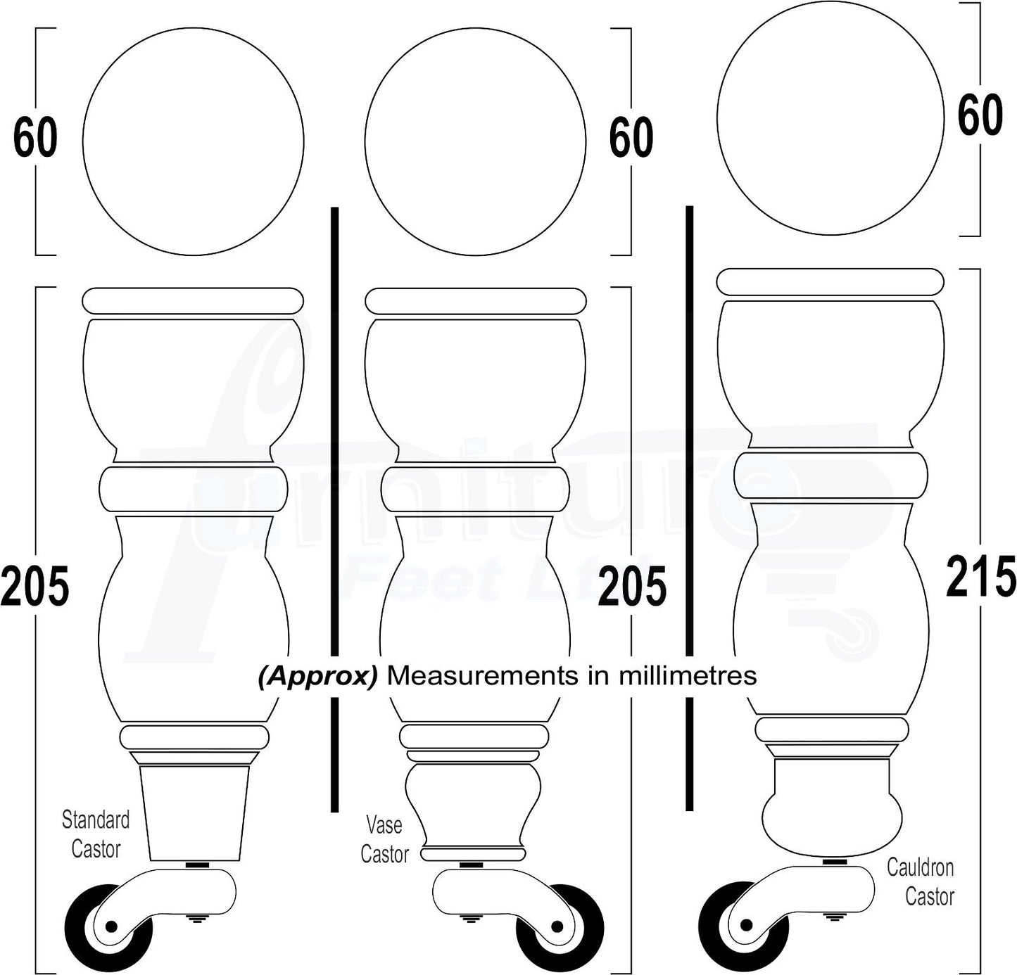 Solid Wood Furniture Feet With Castors Set of 4 Legs 205mm High For Sofas Chairs Stools Cabinets & Beds M8