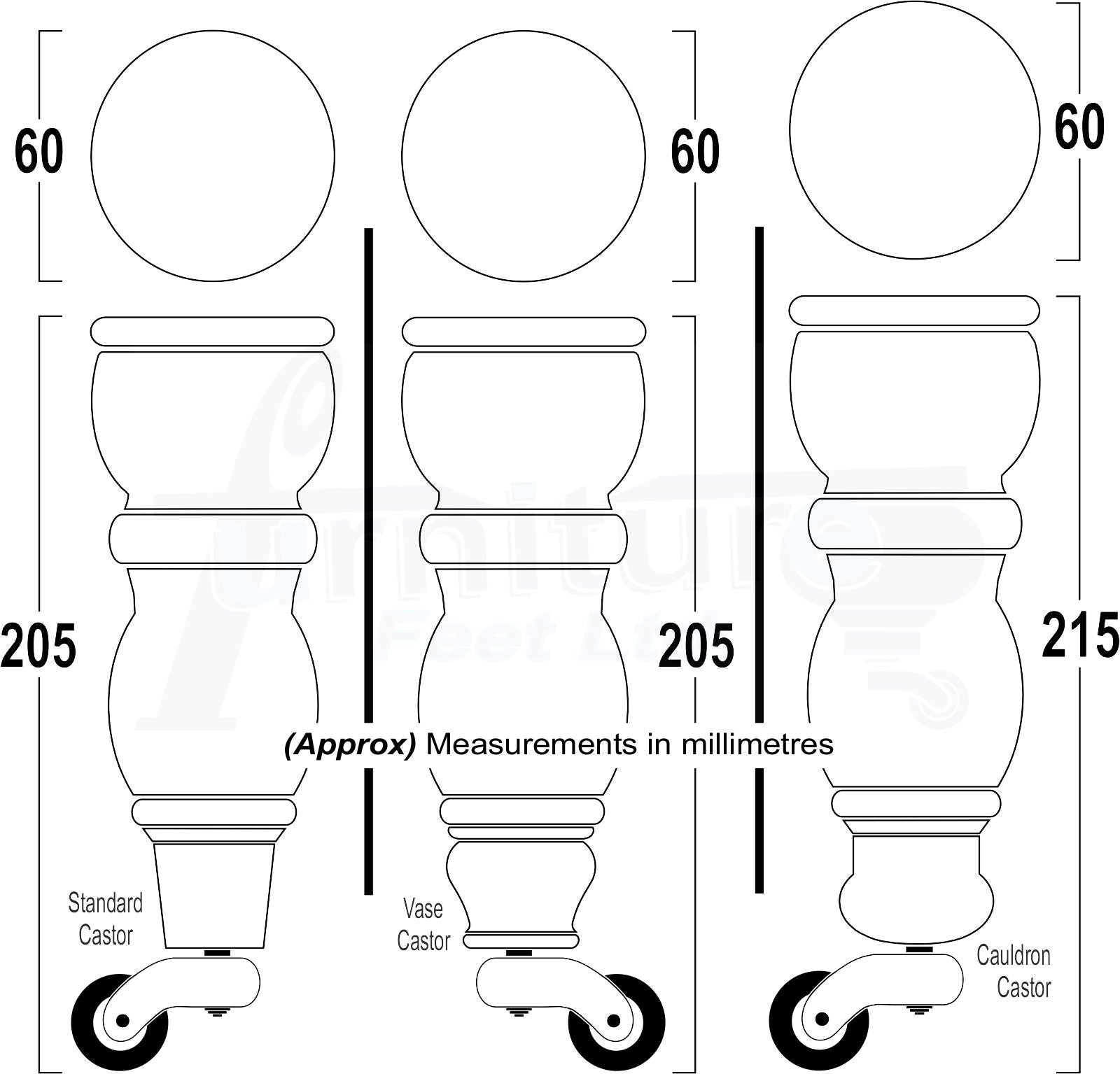 Solid Wood Furniture Feet With Castors Set of 4 Legs 205mm High For Sofas Chairs Stools Cabinets & Beds M8