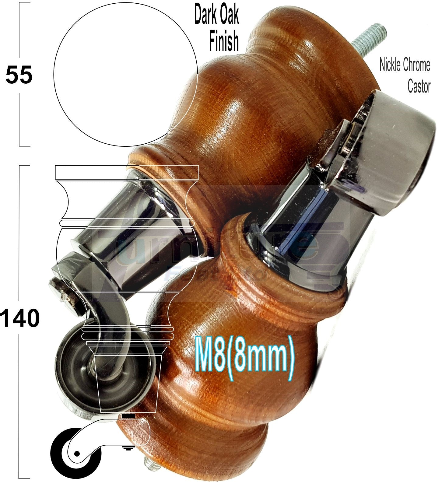 Set Of 4 Turned Wood Furniture Legs With Black Castor Wheels 140mm High M8(8mm)