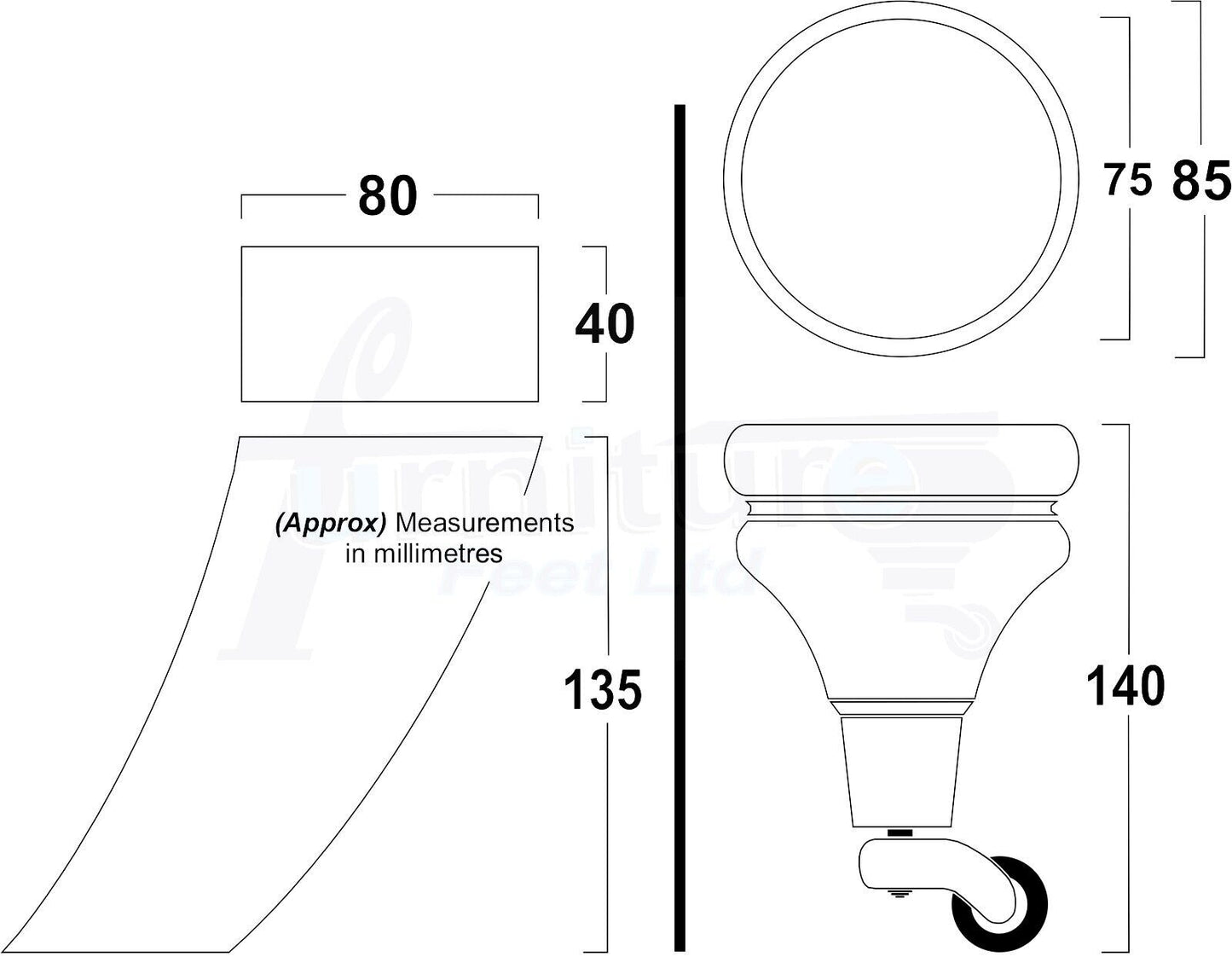 Turned Wood Furniture Feet 2 With Castors 140mm & 2 Curved Back Legs Sofas Chairs Stools Cabinets Beds M10(10mm)