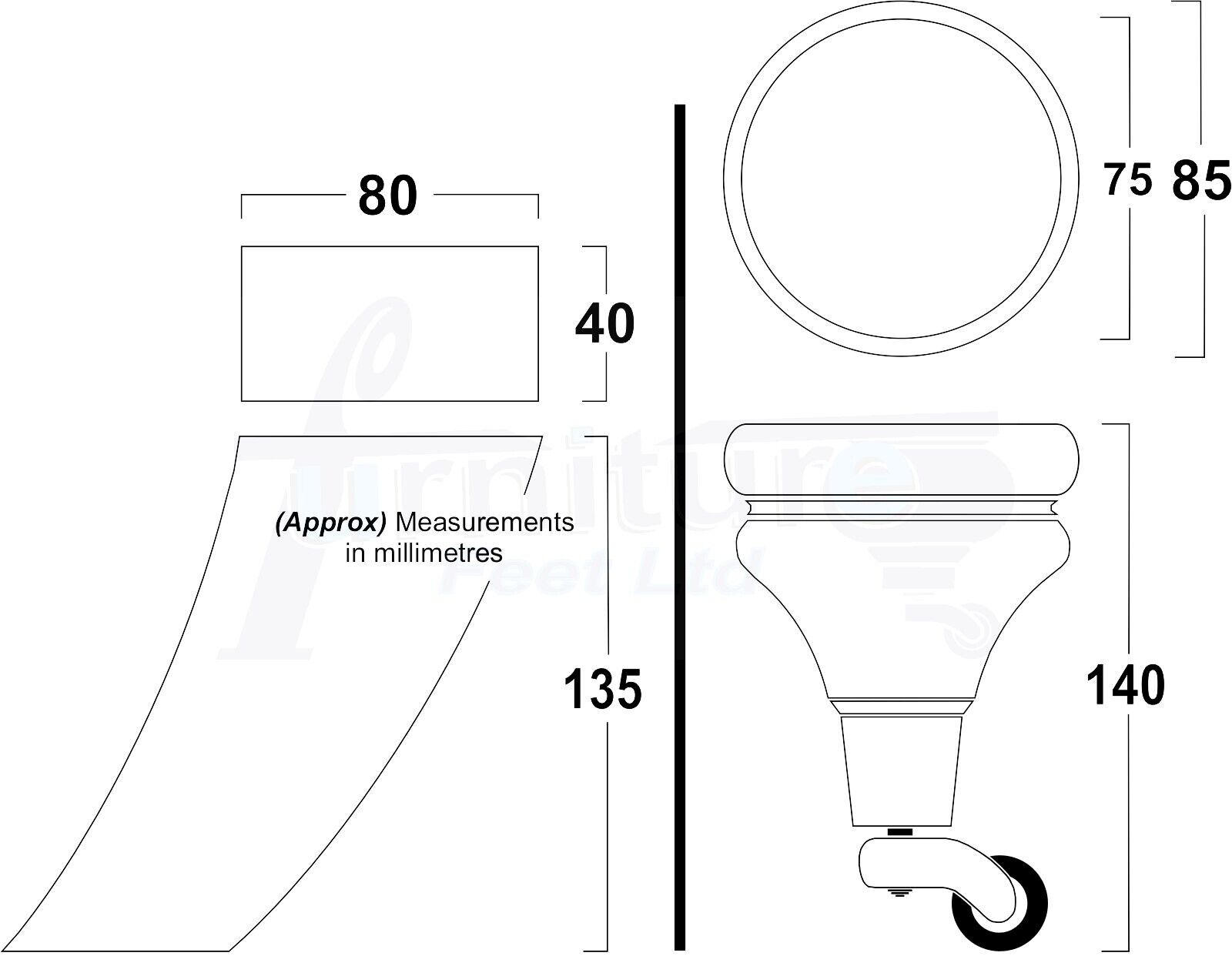 Turned Wood Furniture Feet 2 With Castors 140mm & 2 Curved Back Legs Sofas Chairs Stools Cabinets Beds M10(10mm)