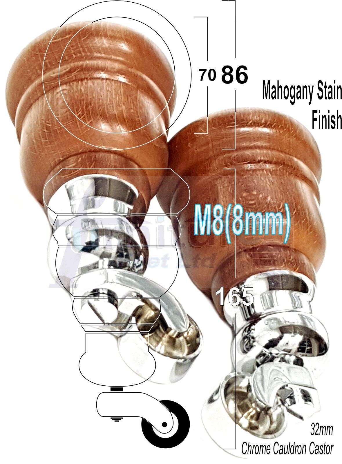 4 Turned Wood Furniture Feet With Chrome Cauldron Castors 155mm Legs Sofas Chairs Stools Cabinets Beds M8 6 Inches