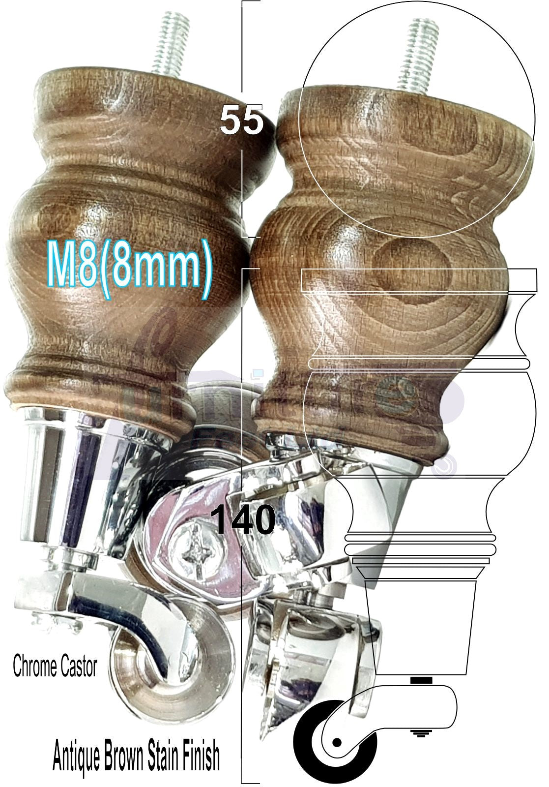Set Of 4 Turned Wood Furniture Legs With 150mm High Castor 8mm Thread For Chairs Settees & Cabinets Antique Brown Stain