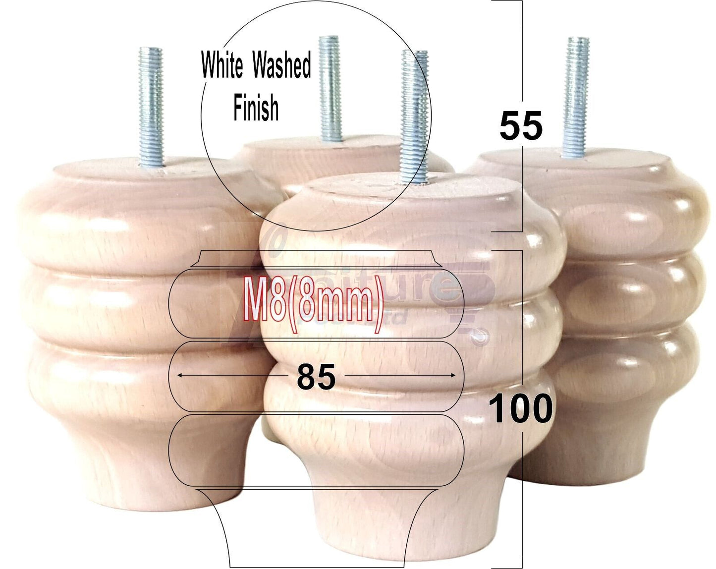 Set Of 4 Solid Wood Turned Furniture Legs Replacement Bun Feet 100mm High 8mm Thread
