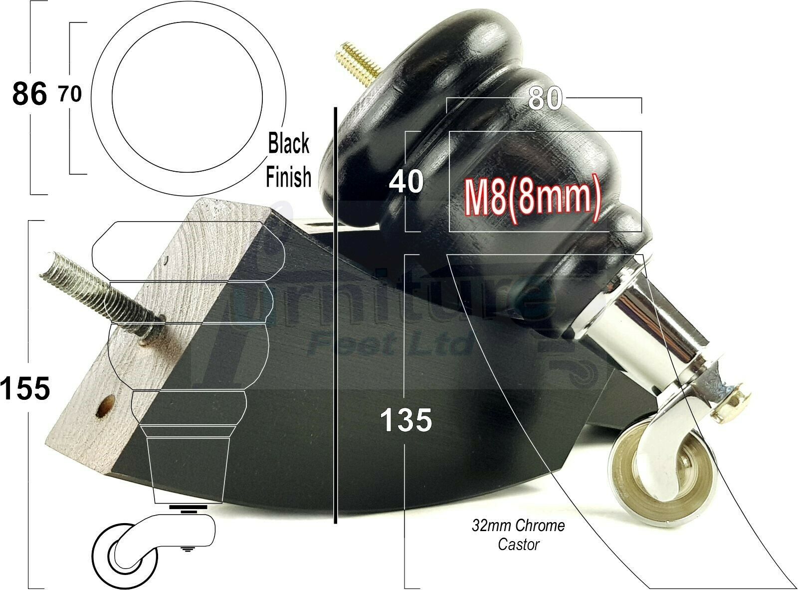 Black Turned Wood Furniture Feet 2 With Castors 155mm and 2 Curved Back Legs Sofas Chairs Stools Cabinets Beds M8 6 Inches