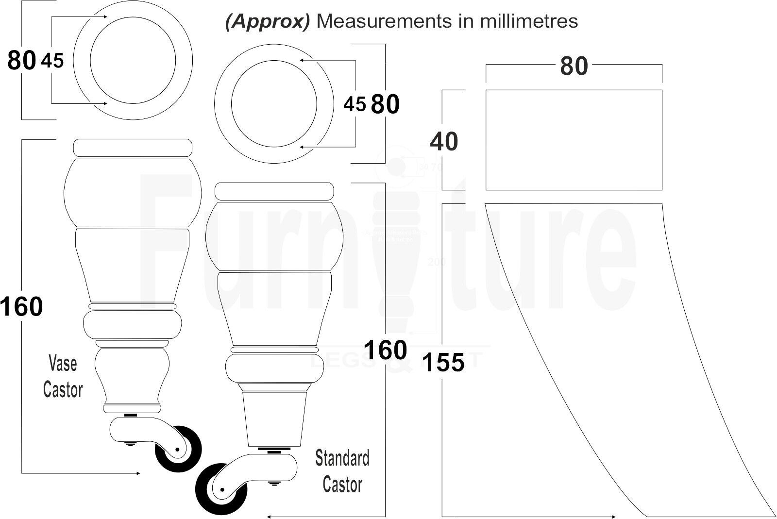 2 Wooden Castor Furniture Sofa Legs & 2 Curved Back Feet  Natural M8 Chair Settee Feet 160mm High