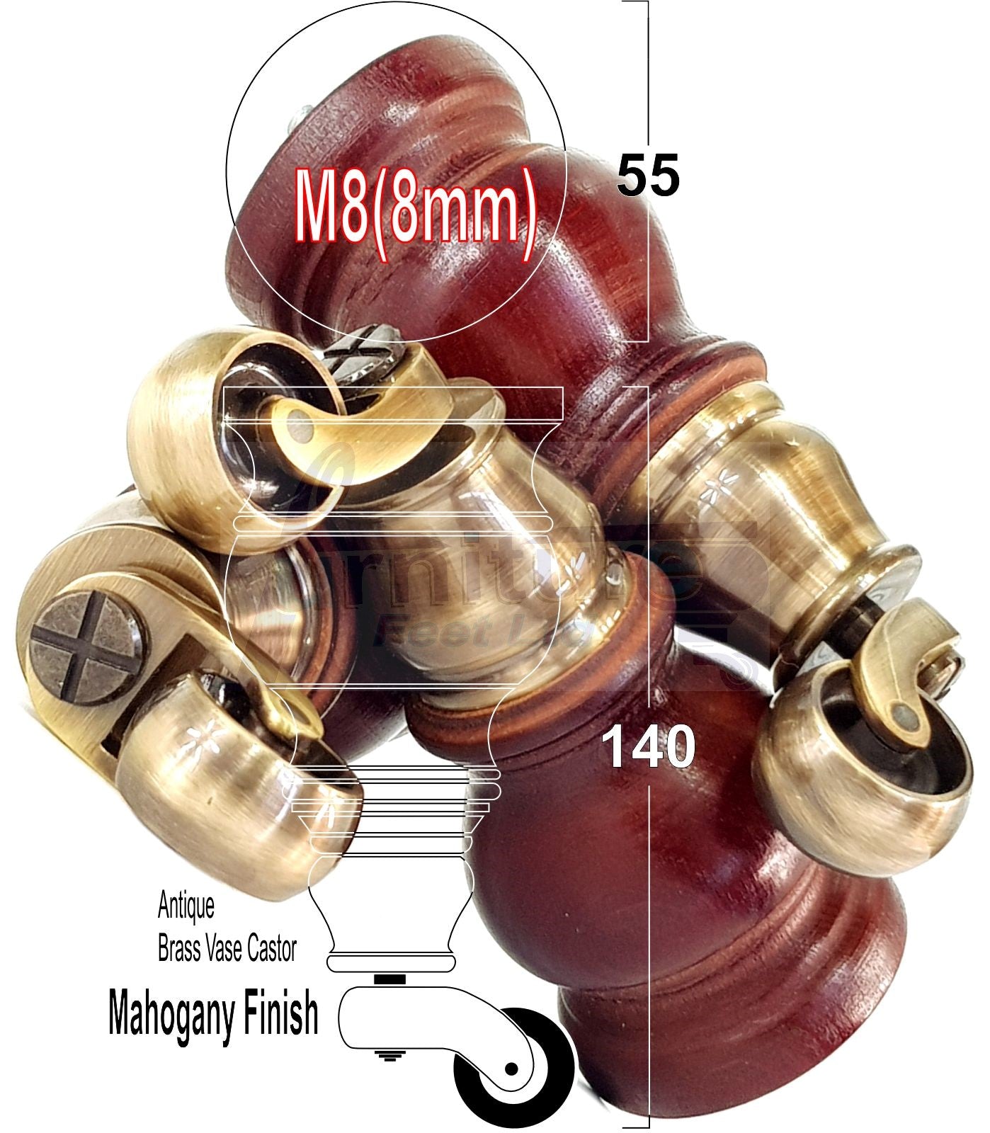Set Of 4 Turned Wood Furniture Legs With Antique Castor 140mm High M8(8mm) For Chairs Settees & Cabinets