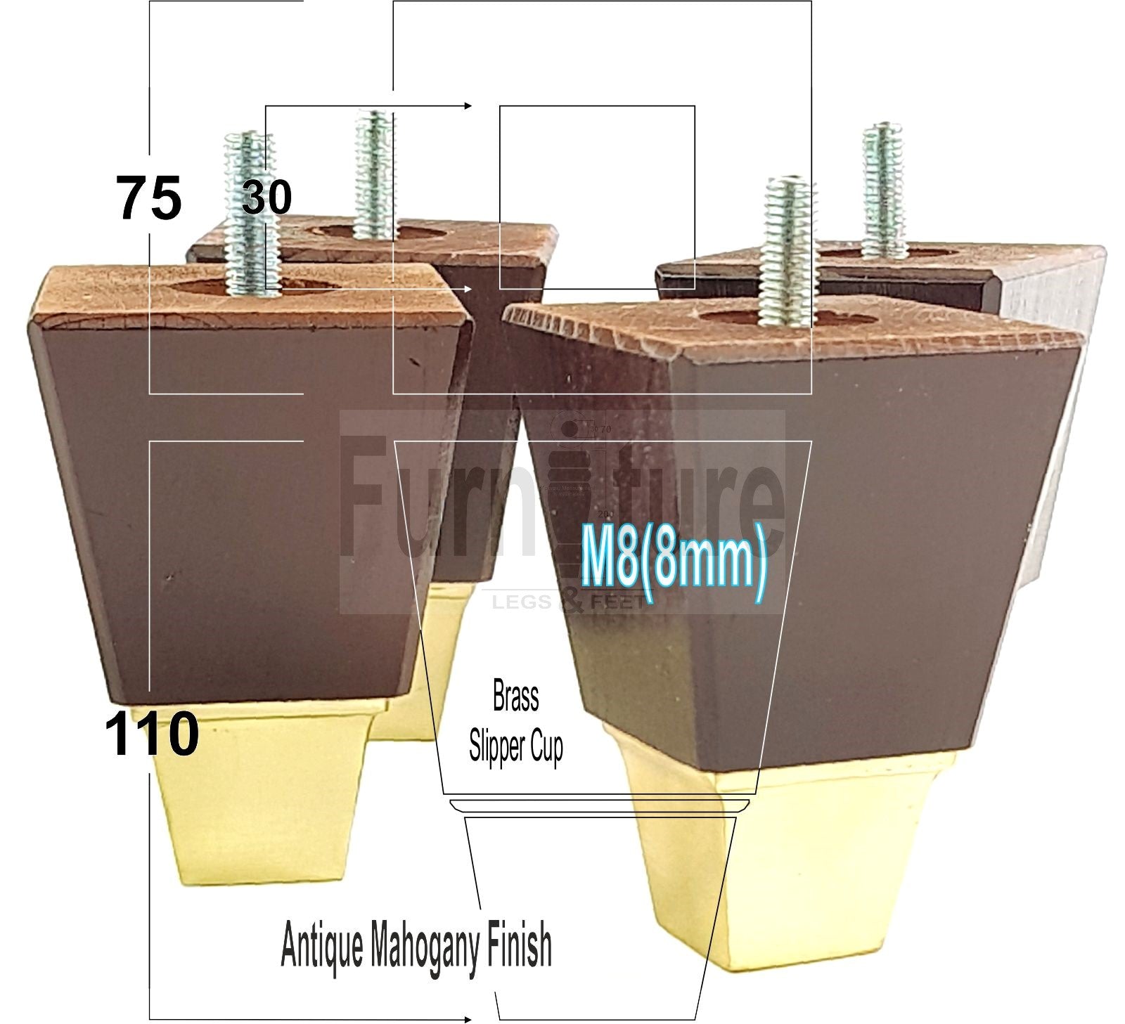 4x Block Wood With A Brass Slipper Cup Furniture Chair Settee Legs M8 Sofa Feet 110mm