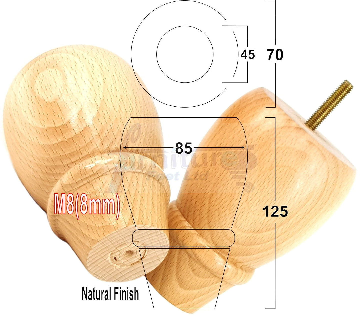 Set Of 4 Solid Wood Turned Replacement Furniture Legs 125mm High 8mm Thread