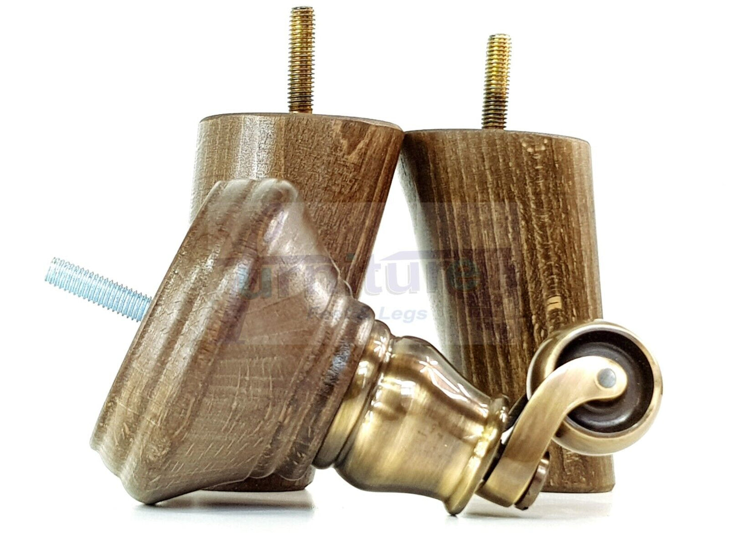 2 Antique Brown Stain Wood Furniture Sofa Legs With Castor 125mm & 2 Angled Back Feet Chair Settee 100mm High M8