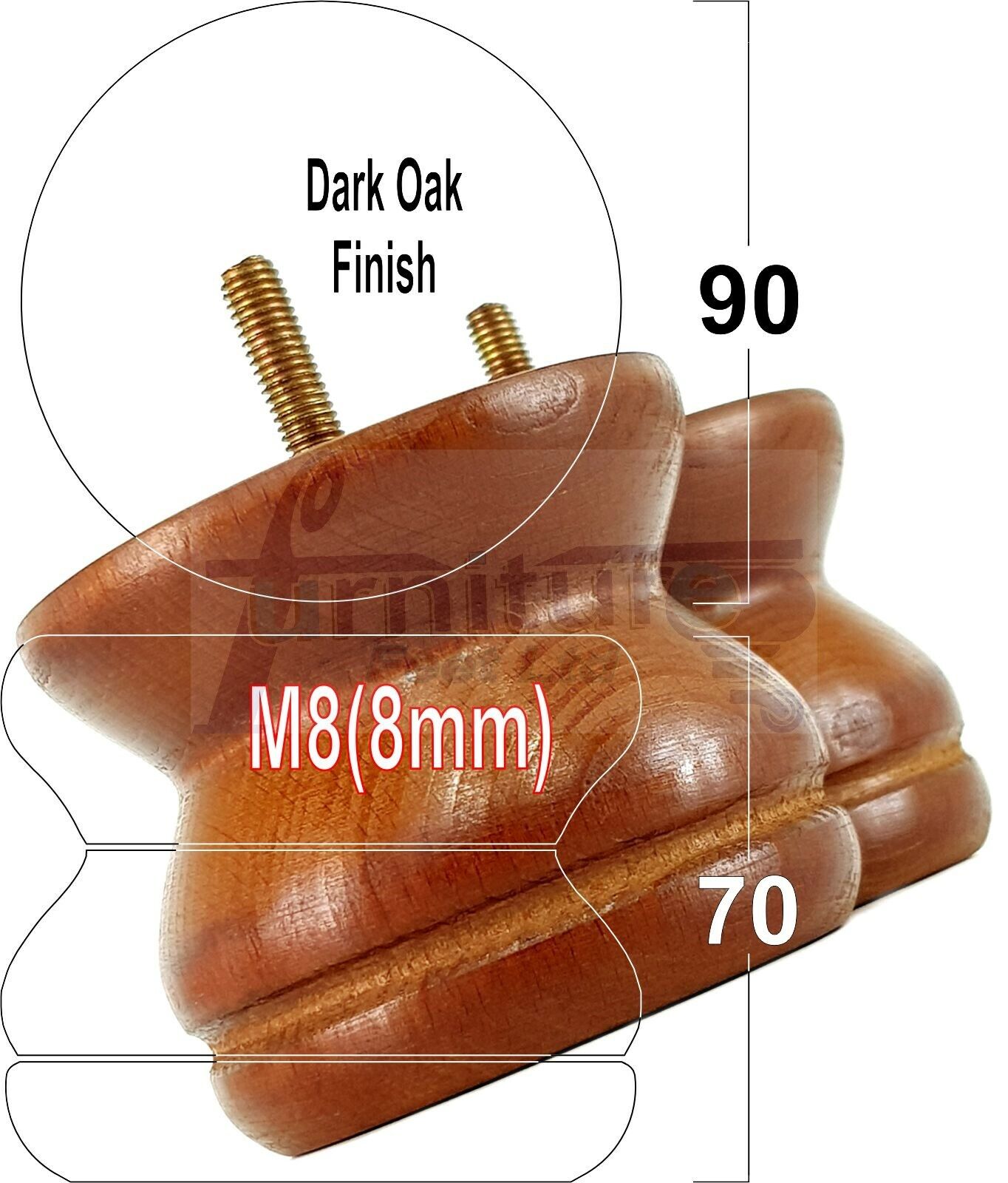 4x Turned Solid Wood Furniture Legs Replacement Bun Feet 70mm High 8mm Thread