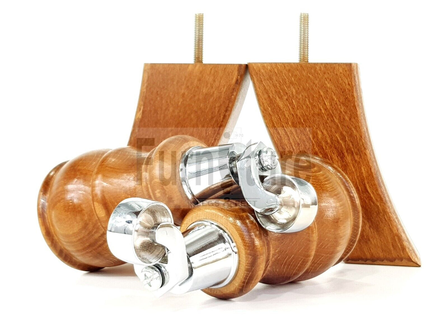 2 Wooden Castor Furniture Sofa Legs & 2 Curved Back Feet  Dark Oak Stain M8 Chair Settee Feet 160mm High