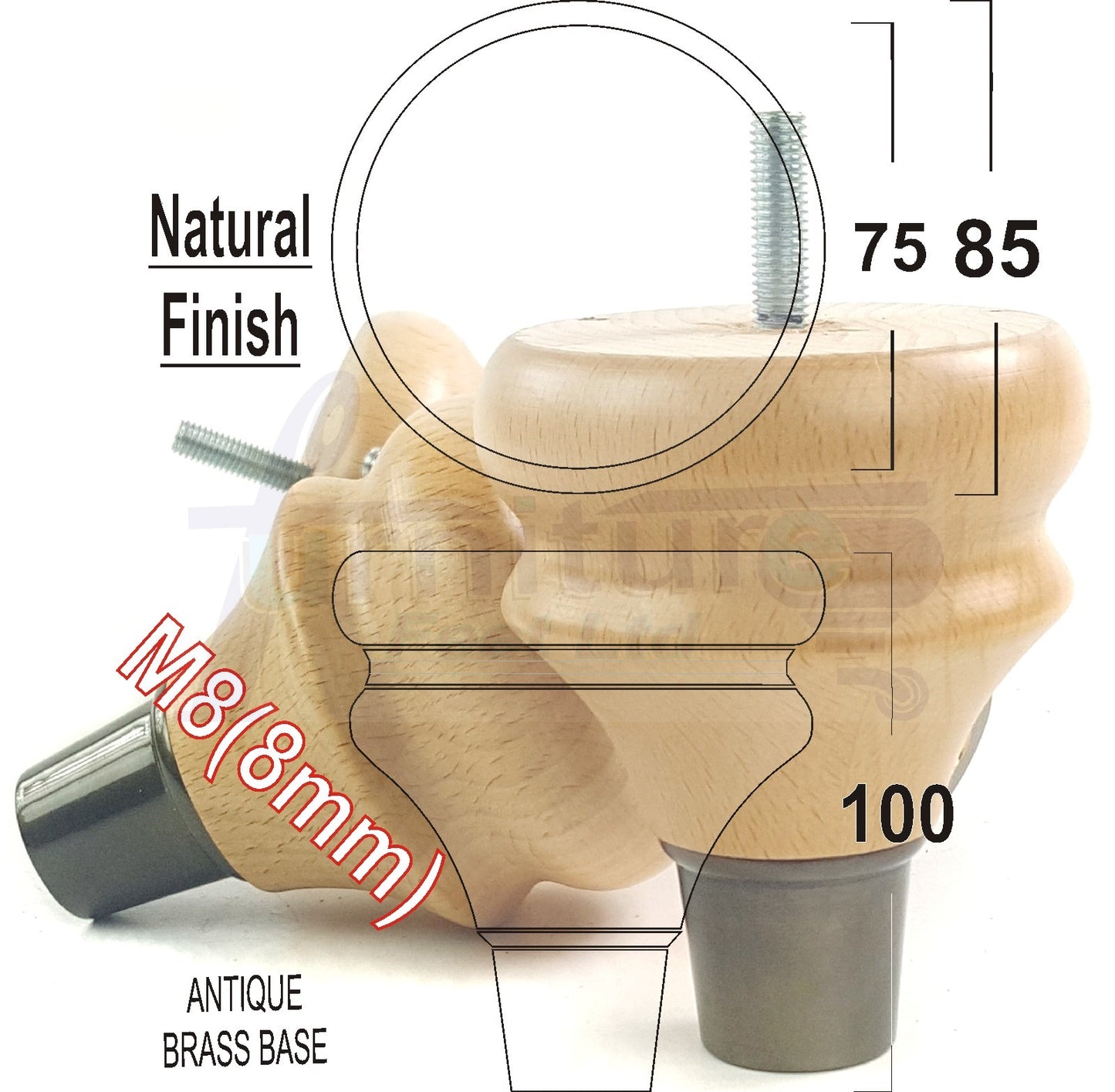 4x Turned Wood Furniture Feet M8(8mm) With Slipper Cup Chair Sofa Settee Legs 110mm