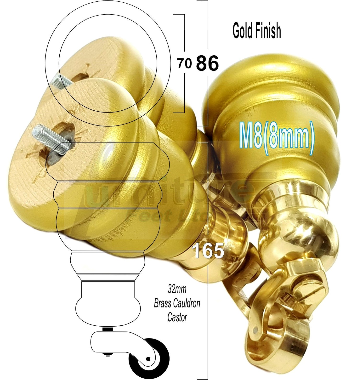 4 Turned Wood Furniture Feet With Brass Cauldron Castors 160mm Legs Sofas Chairs Stools Cabinets Beds M8 6 Inches