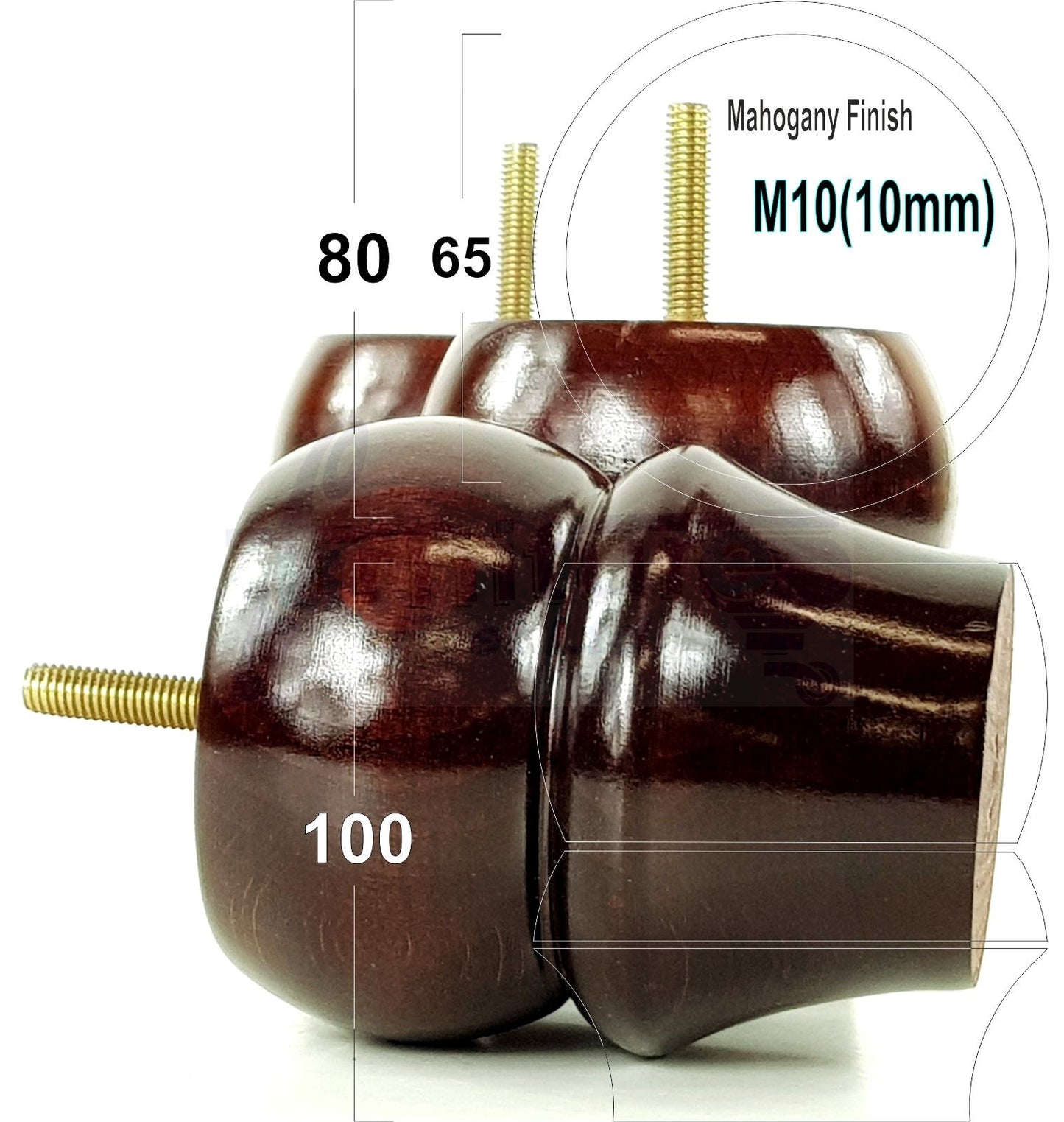 Set Of 4 Solid Wood Turned Furniture Legs Replacement Bun Feet 100mm High 10mm Thread