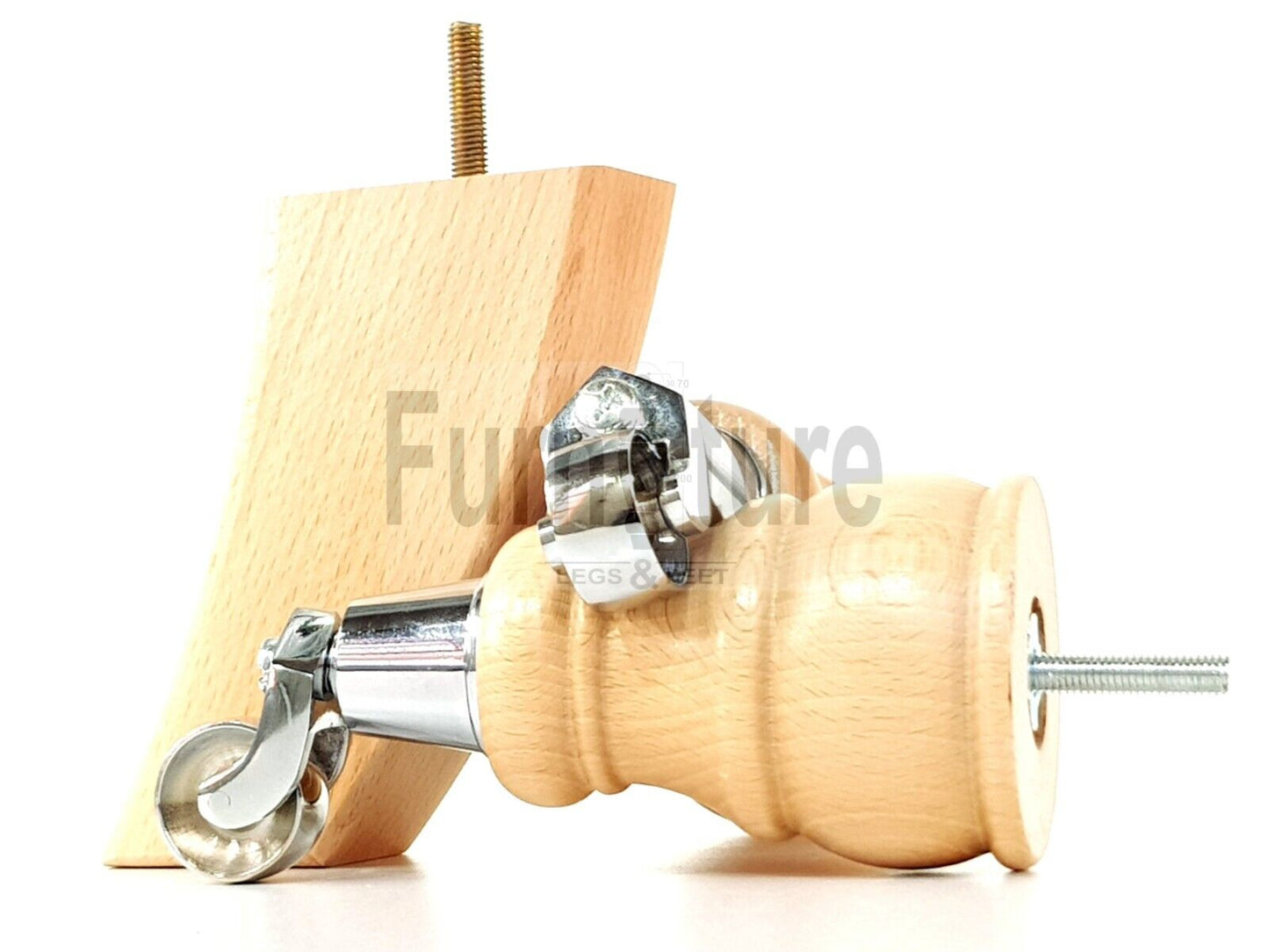 2 Wooden Castor Furniture Sofa Legs & 2 Curved Back Feet  Natural M8 Chair Settee Feet 160mm High